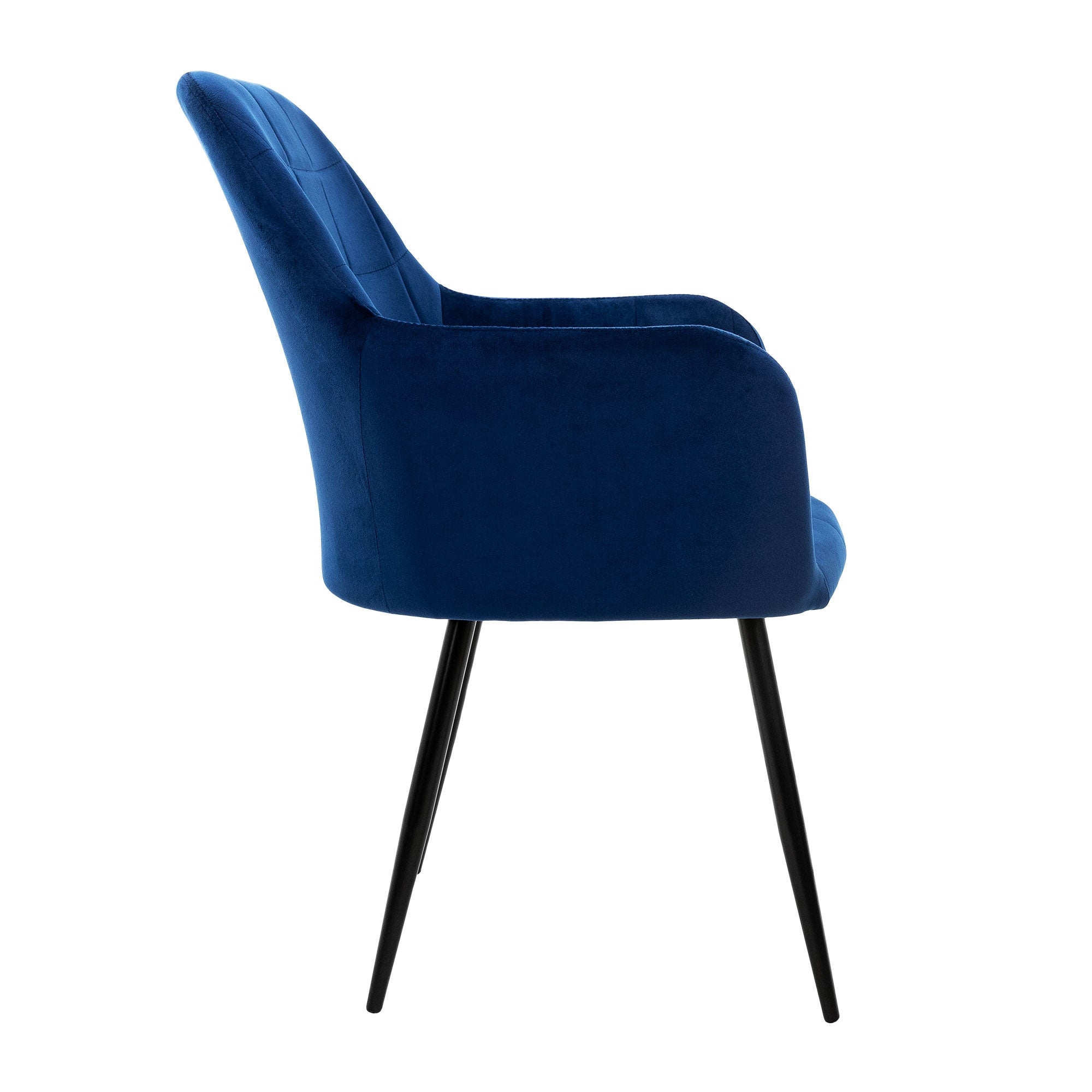 Zwei blaue Stühle mit gepolsterten Sitzen und schwarzen Beinen.