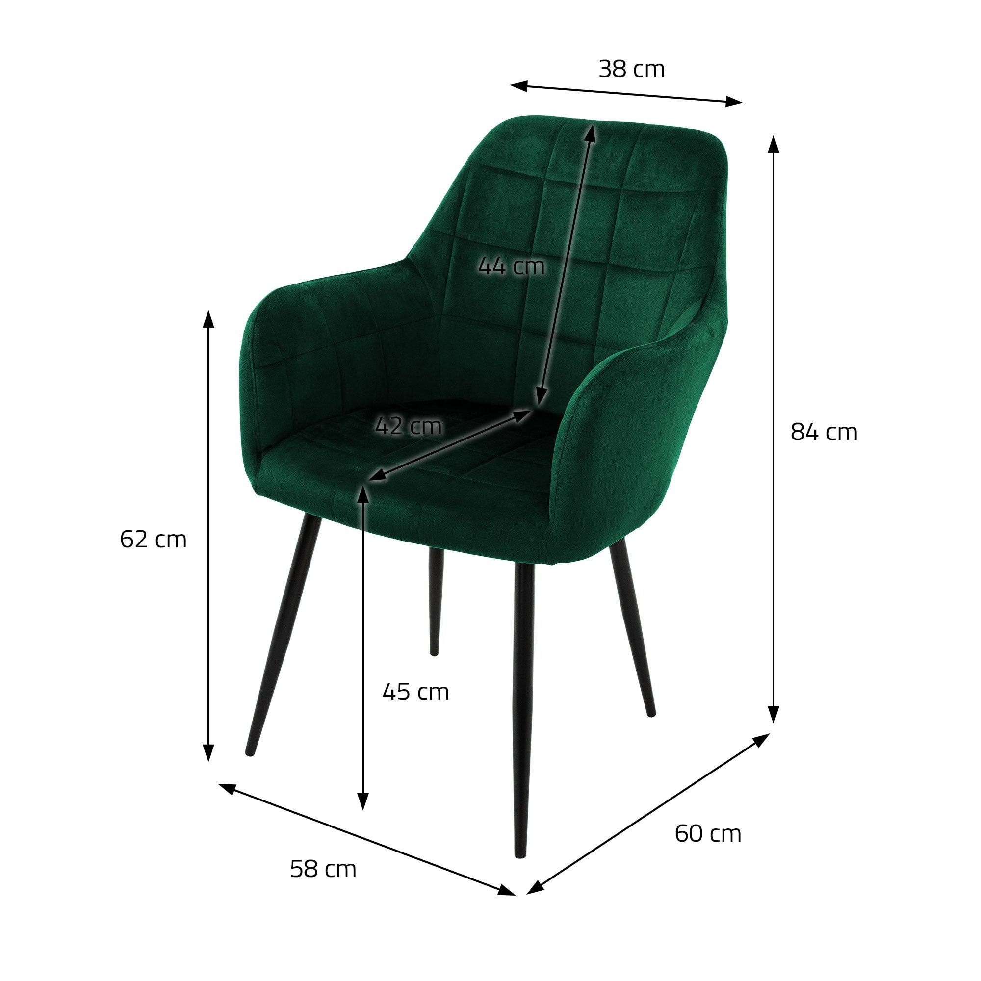Grüner Stuhl mit Maßen: Höhe 84 cm, Breite 60 cm, Tiefe 58 cm, Sitzhöhe 45 cm.