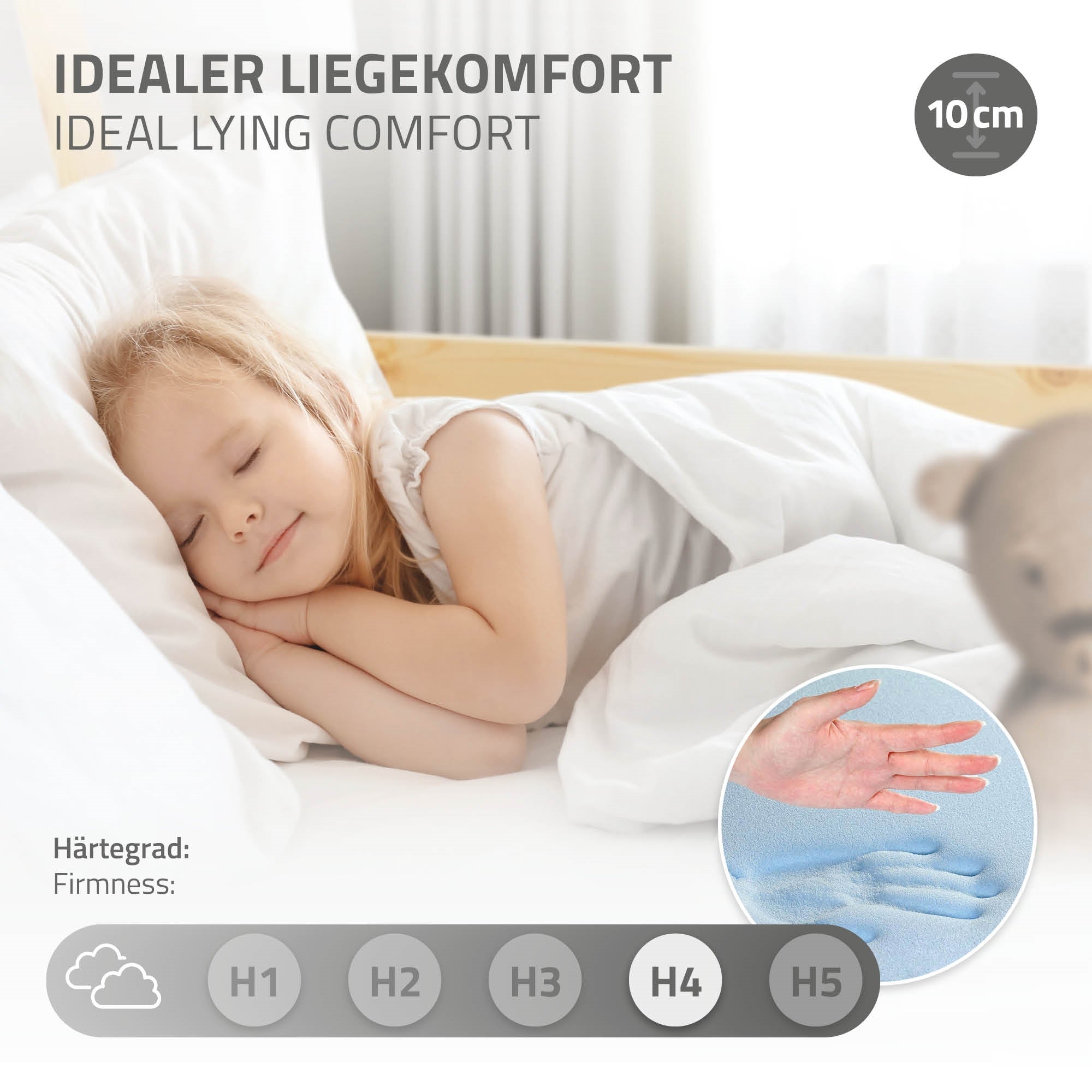 Enfant endormi sur un matelas, montrant un confort de couchage idéal et un degré de dureté.