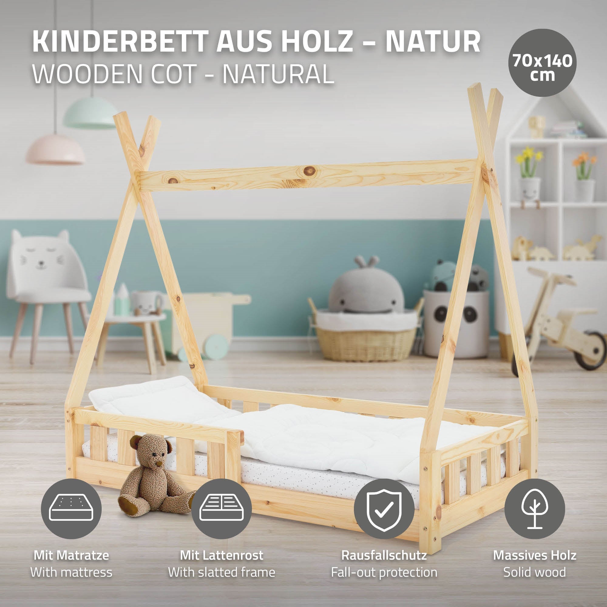 Lit d'enfant en bois couleur naturelle avec matelas et protection contre les chutes.