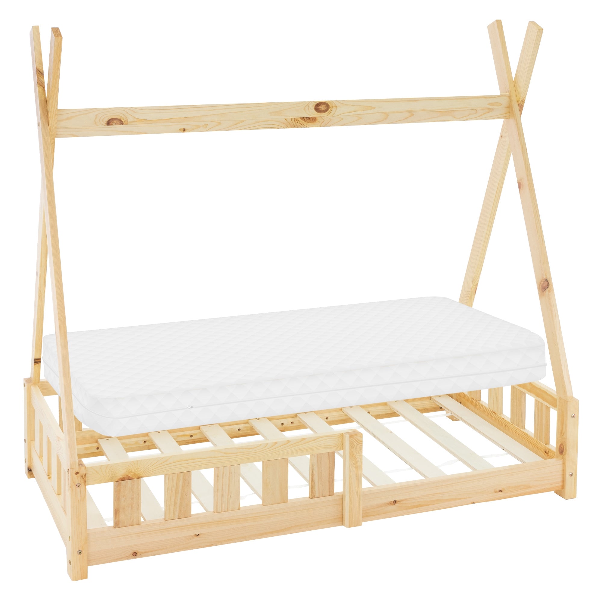 Lit d'enfant en bois avec matelas, en teinte bois naturel.