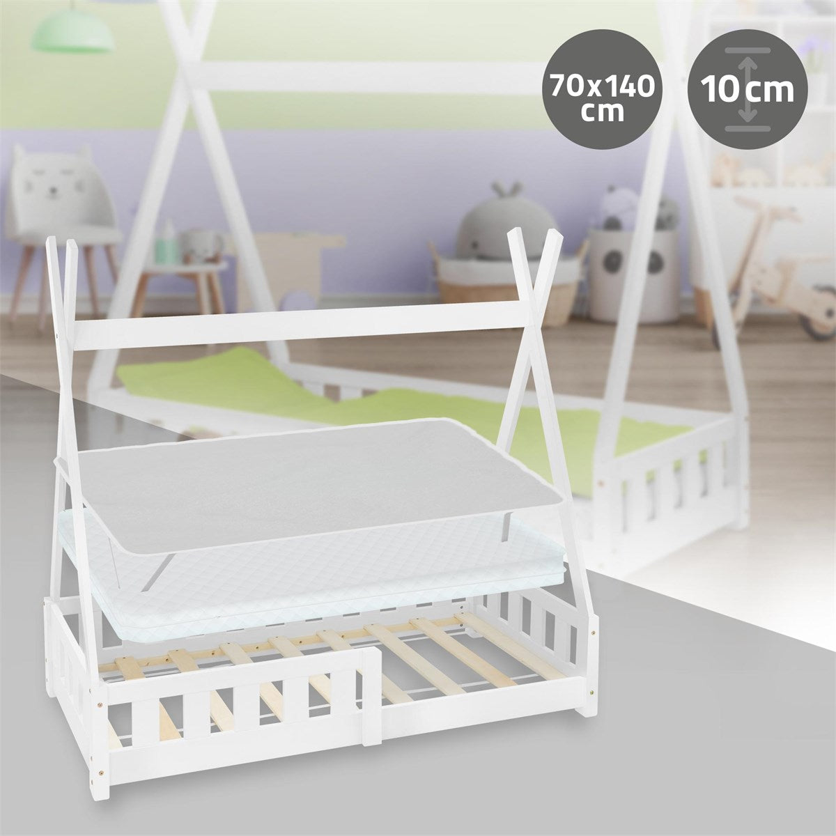 A cot with a mattress, shown in a room with toys.