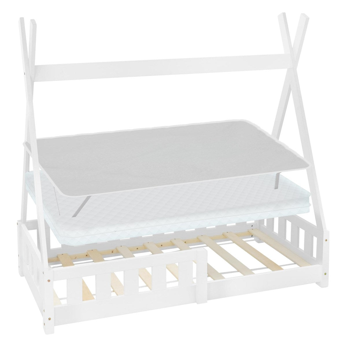 White children's bed with slatted base and mattress.