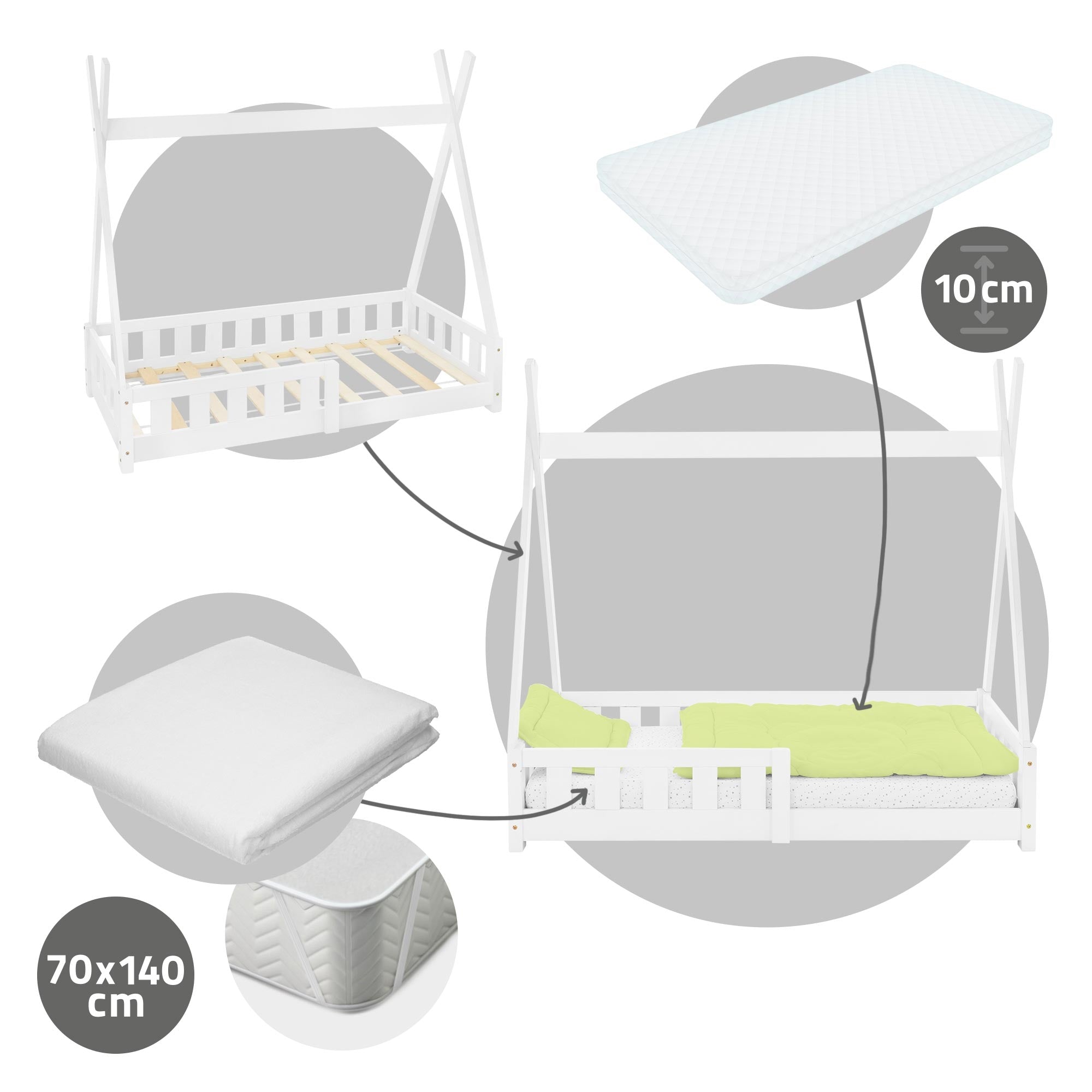 Ensemble lit d'enfant, matelas et linge de lit.