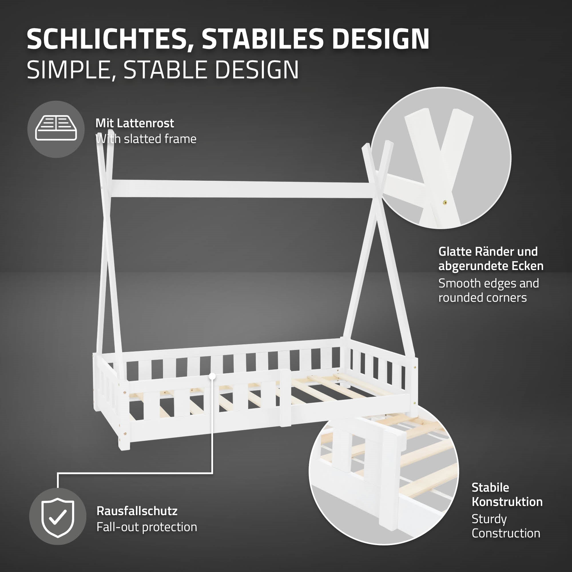 Weißes Kinderbett mit schrägem Dach und Rausfallschutz.