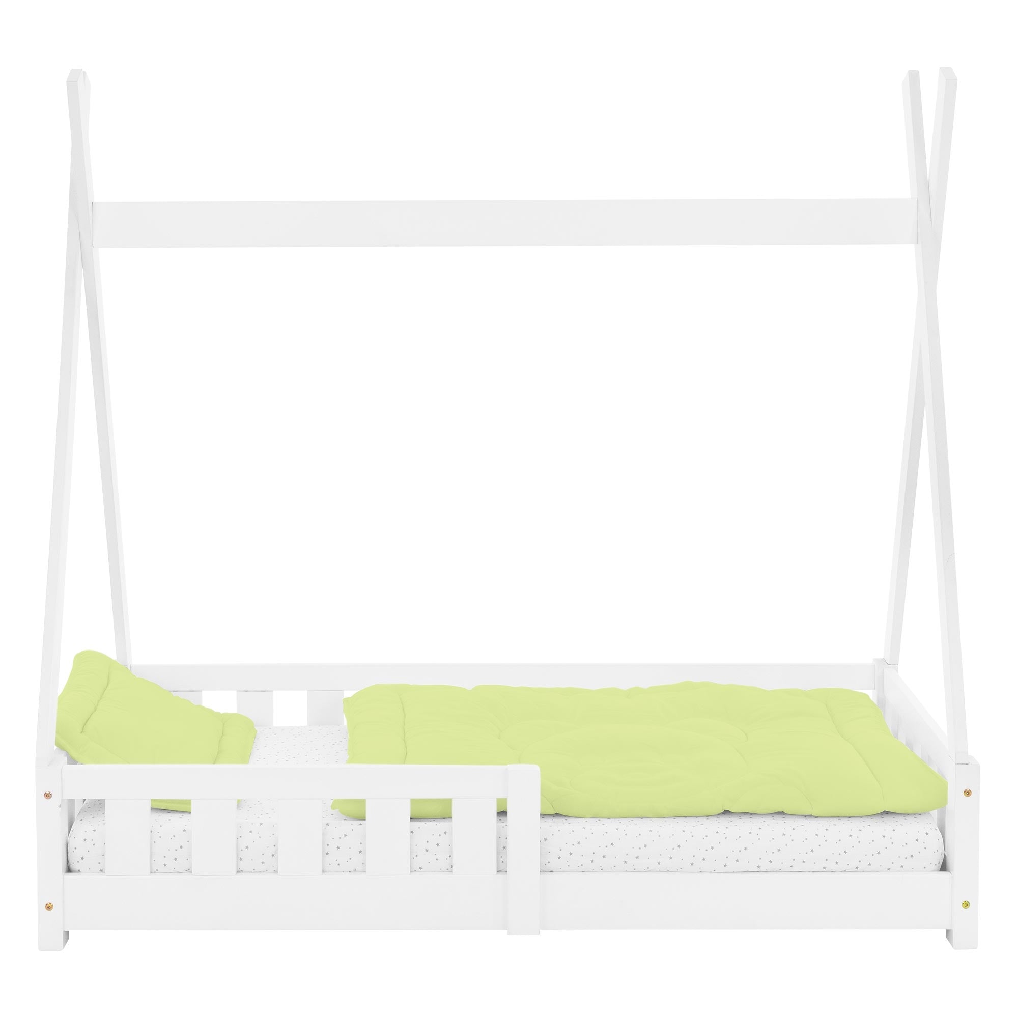 Weißes Kinderbett mit grünem Kissen und Decke.