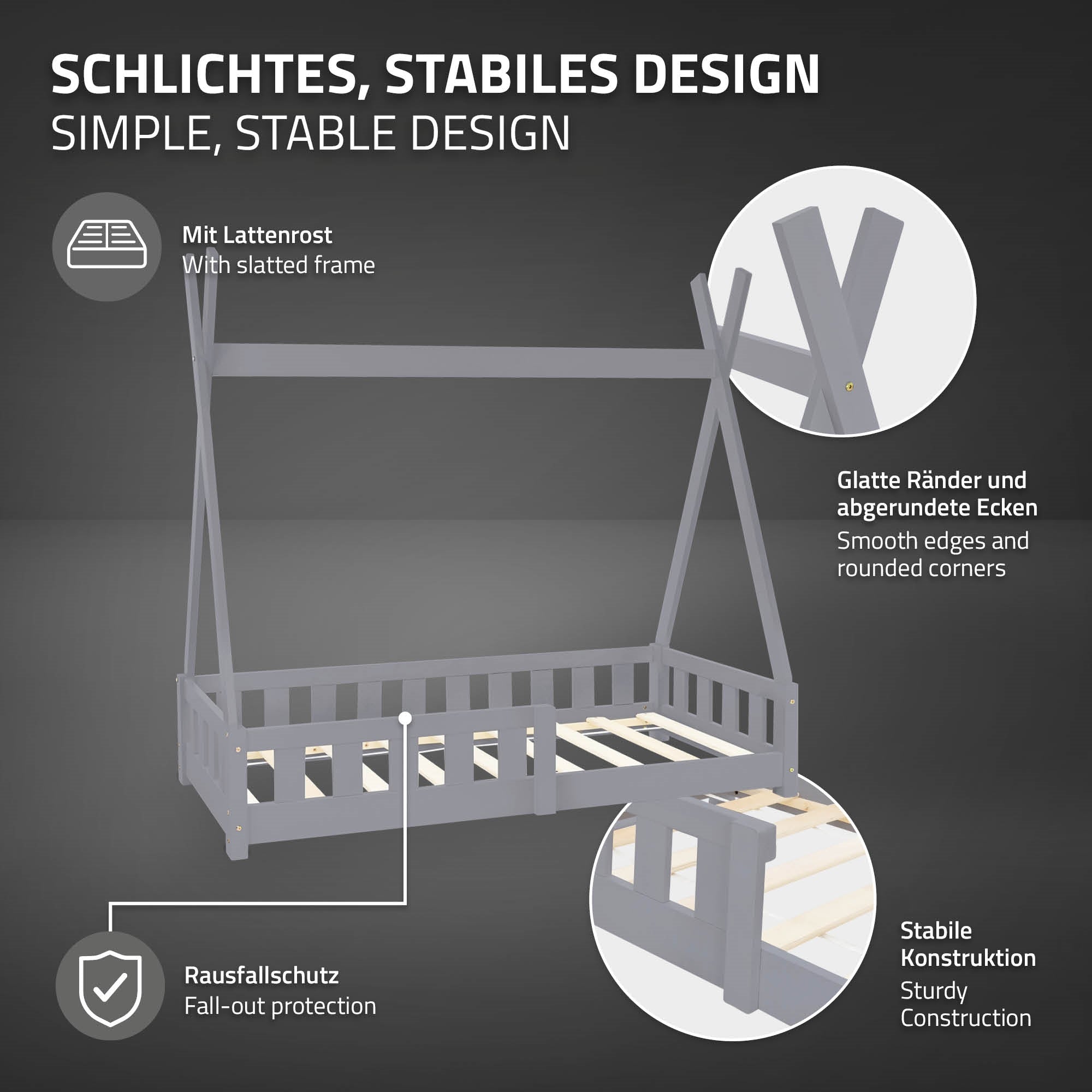 Bettgestell mit slatted frame, stabiler Konstruktion und Rausfallschutz.