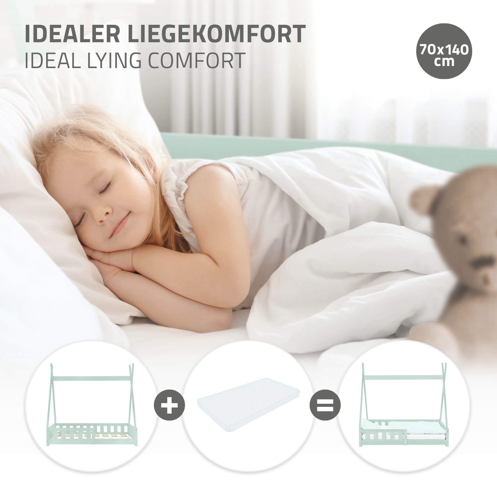 Ein schlafendes Kind auf einer Matratze in einem Bett mit weißen Laken.