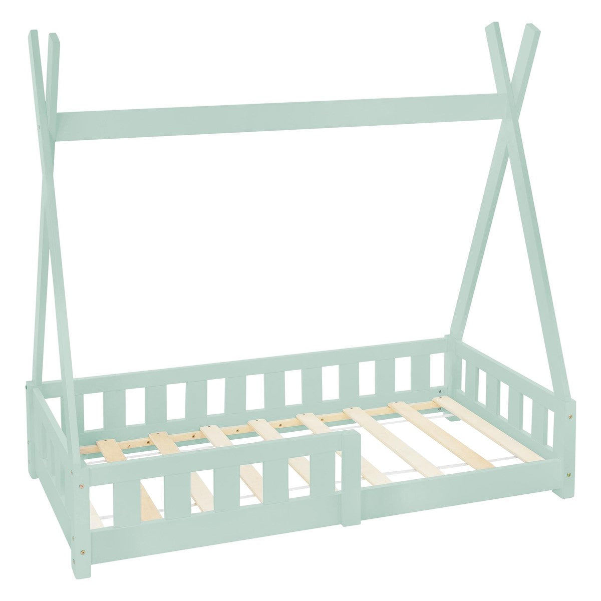 Ein mintgrünes Kinderbett mit Zeltstruktur und Holzlatten.