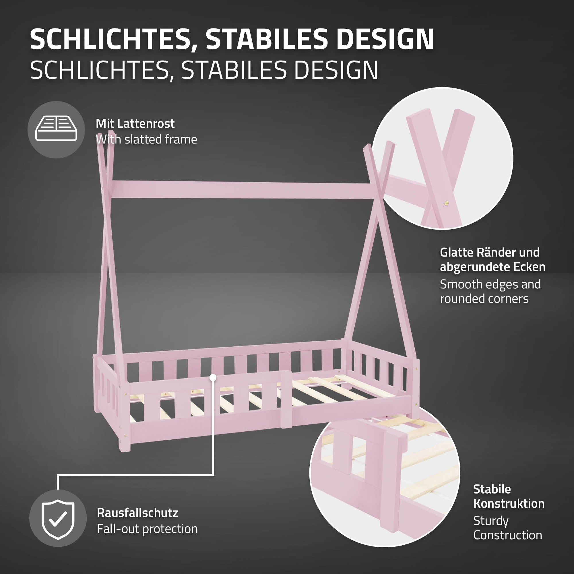 Cama rosa con somier y construcción estable.