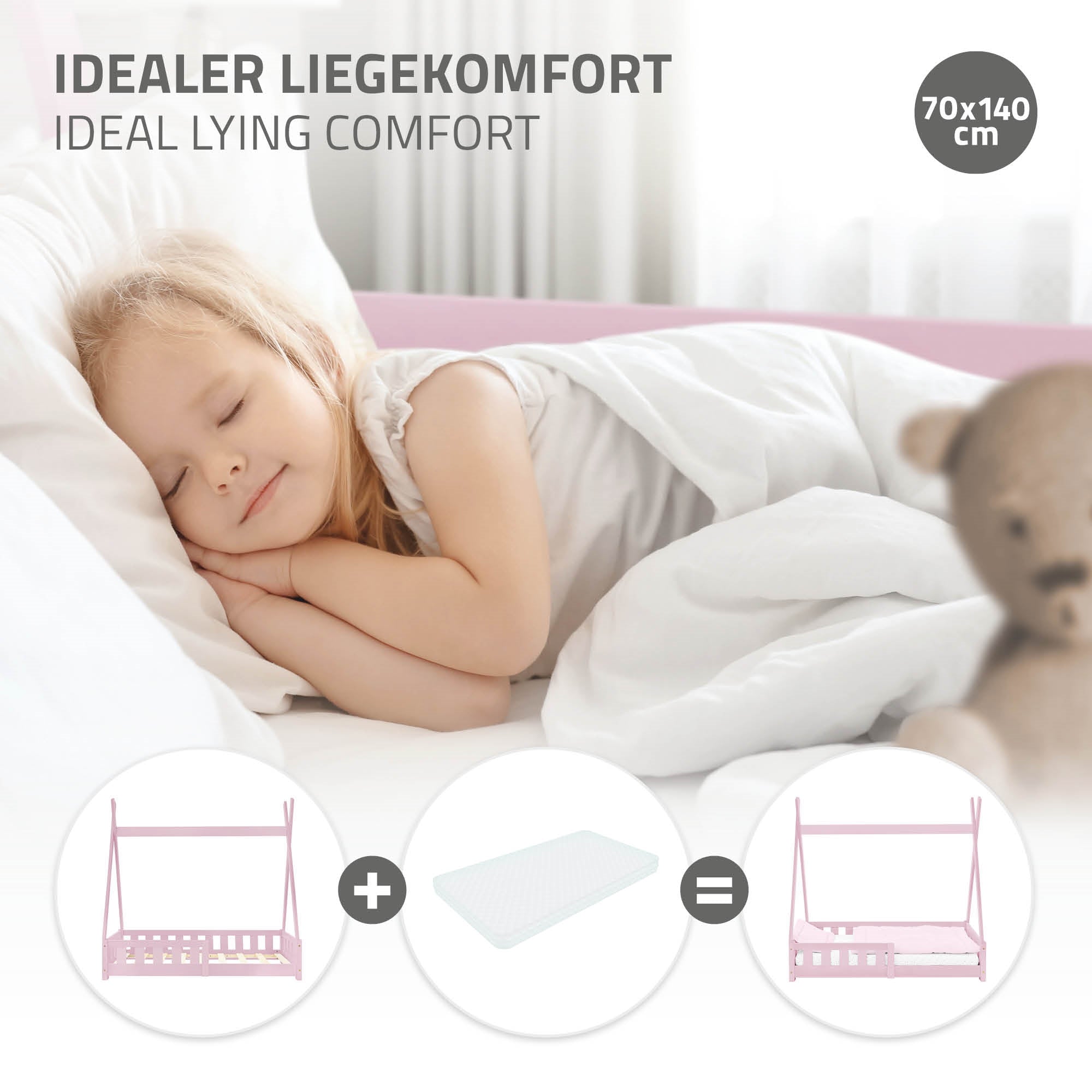 Schlafendes Kind auf einem Bett mit rosa Bettwäsche.