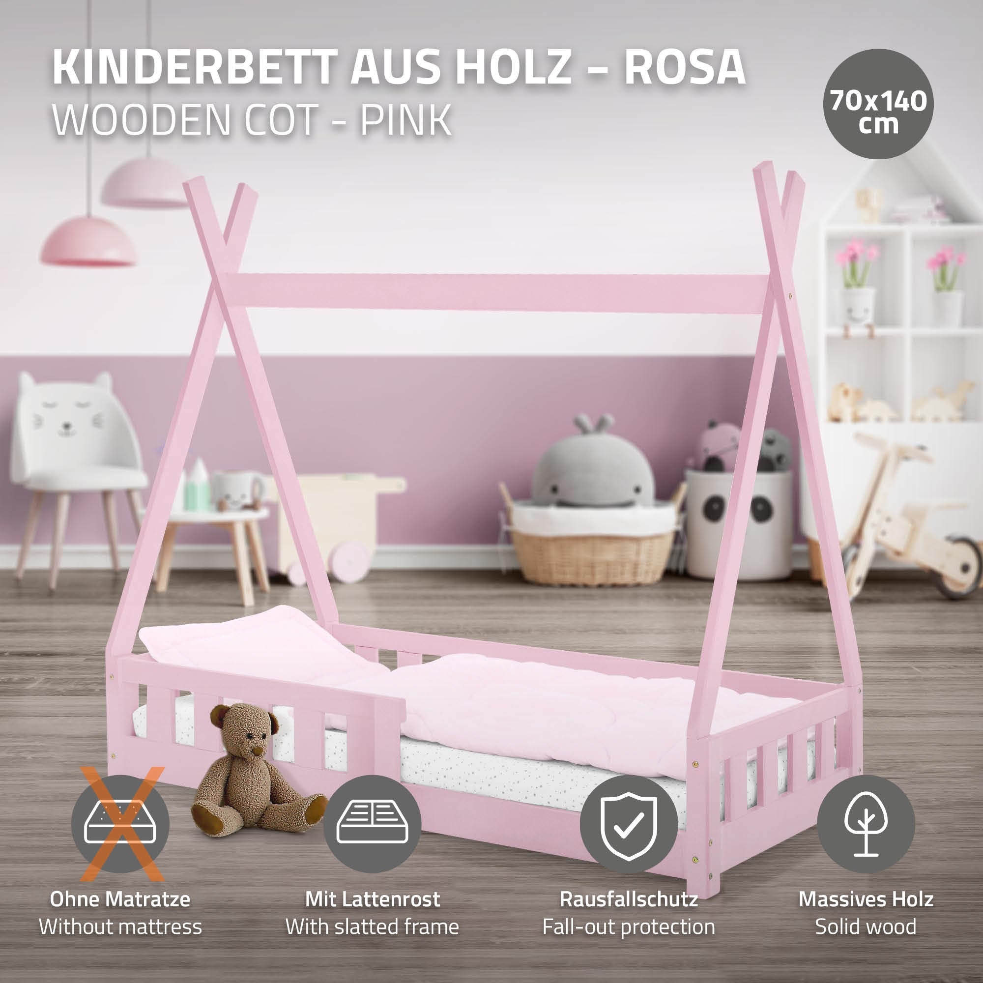 Rosa Holz-Kinderbett mit Matratze, 70x140 cm, mit Rausfallschutz.