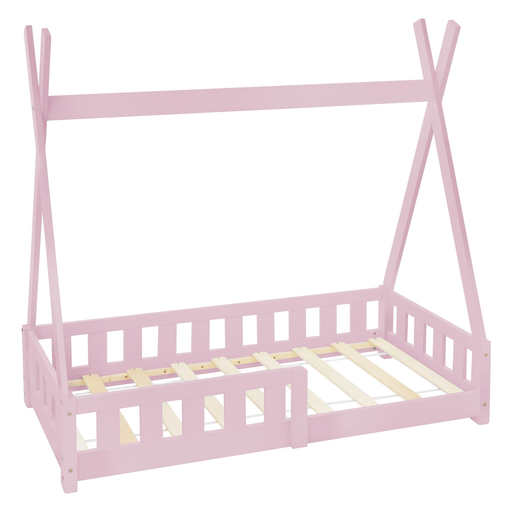 Rosa Kinderbett aus Holz mit Lattenrost und stabiler Konstruktion.