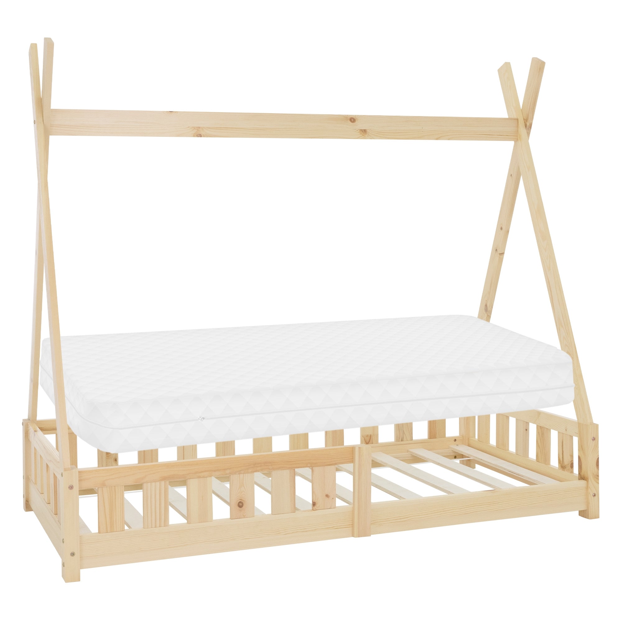 Holz-Kinderbett mit Zeltstruktur und Matratze, unbehandelt.