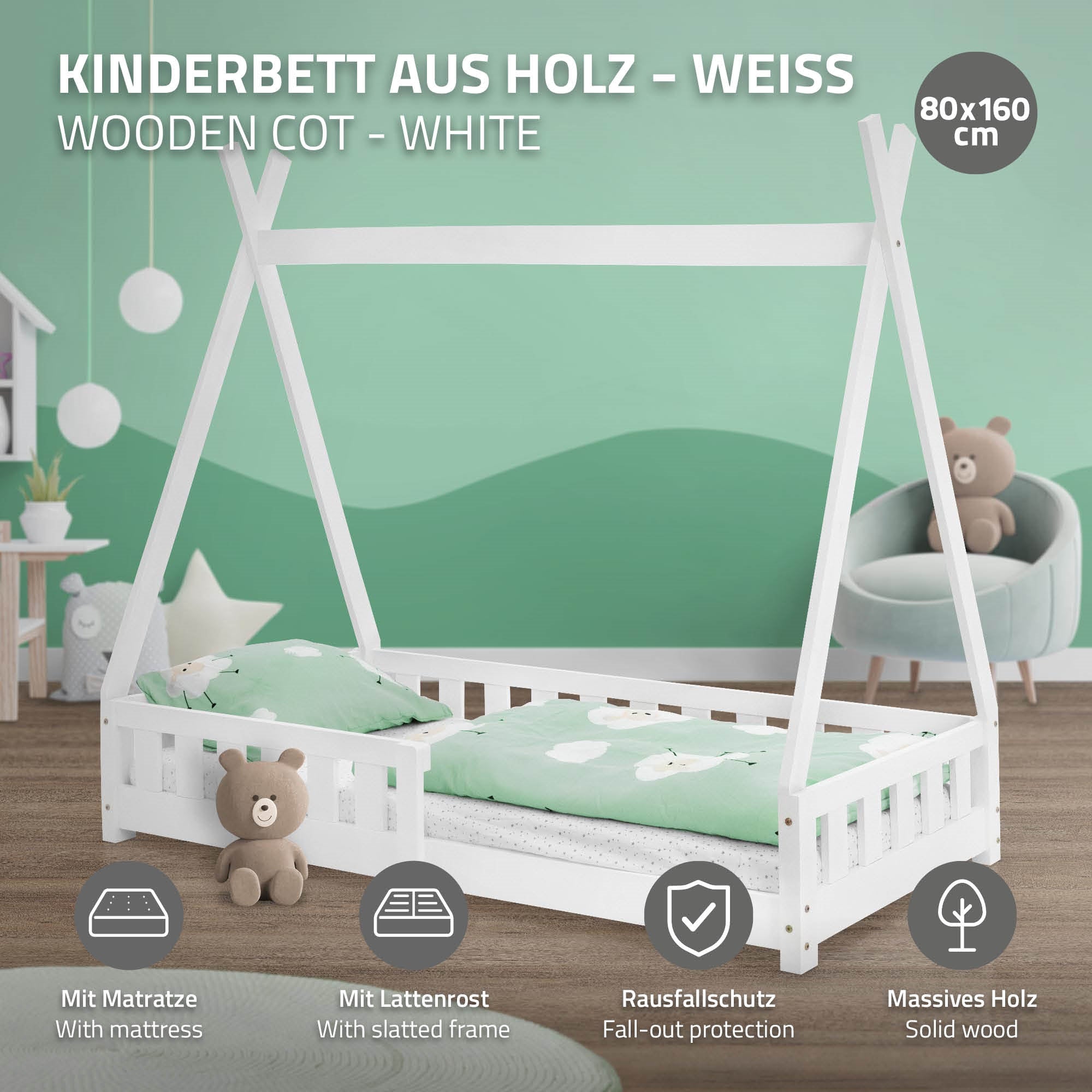 Weißes Kinderbett aus Holz mit Matratze und Rausfallschutz.