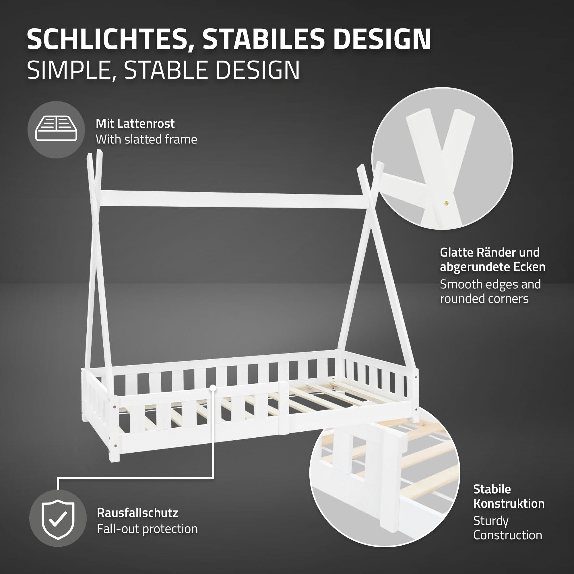 Bett mit stabiler Konstruktion, abgerundeten Ecken und Rausfallschutz.
