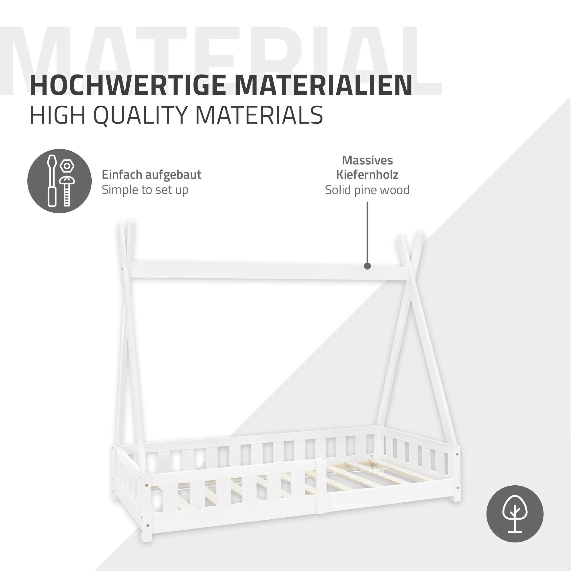 Grafik mit Informationen zu hochwertigen Materialien für ein Bett.
