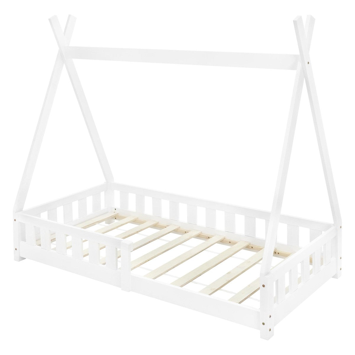 Lit d’enfant en bois blanc avec sommier à lattes, sans matelas.