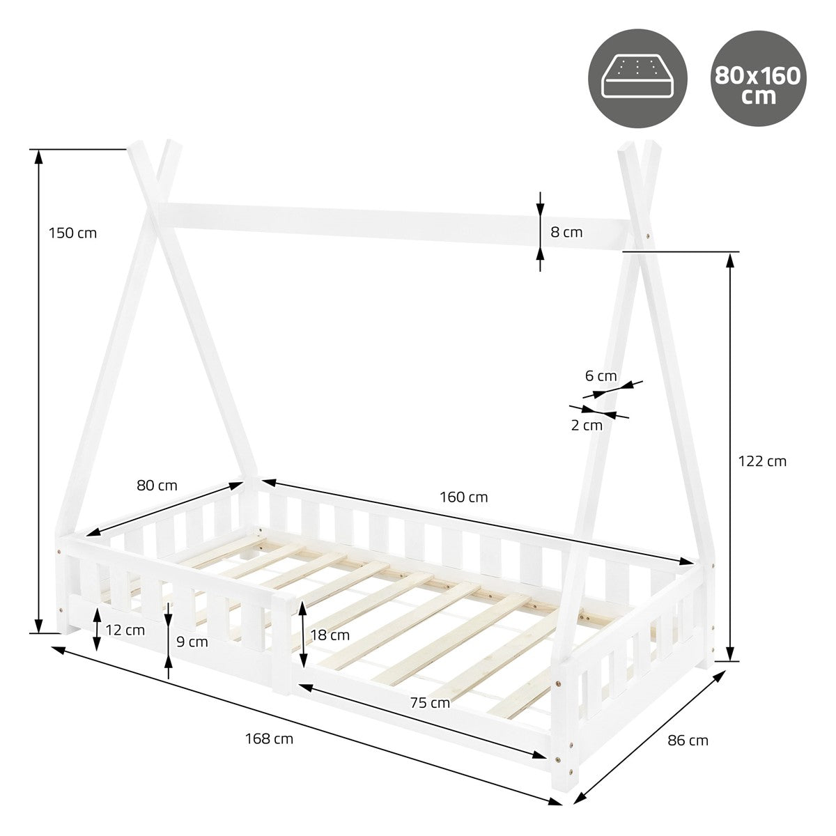 Plano acotado de una cama con dimensiones en cm y tamaño de las láminas.