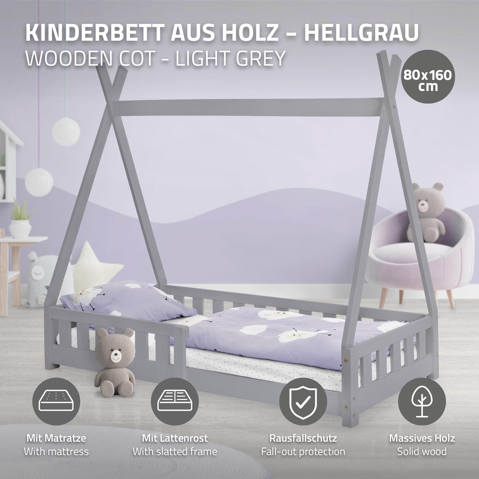 Holz-Kinderbett in hellgrau mit Matratze und Rausfallschutz.