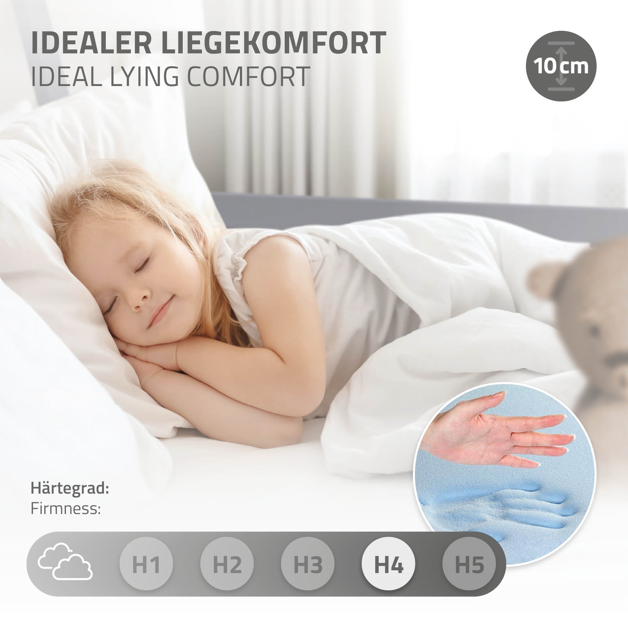 Schlafendes Kind auf einer Matratze mit H4 Härtegrad.
