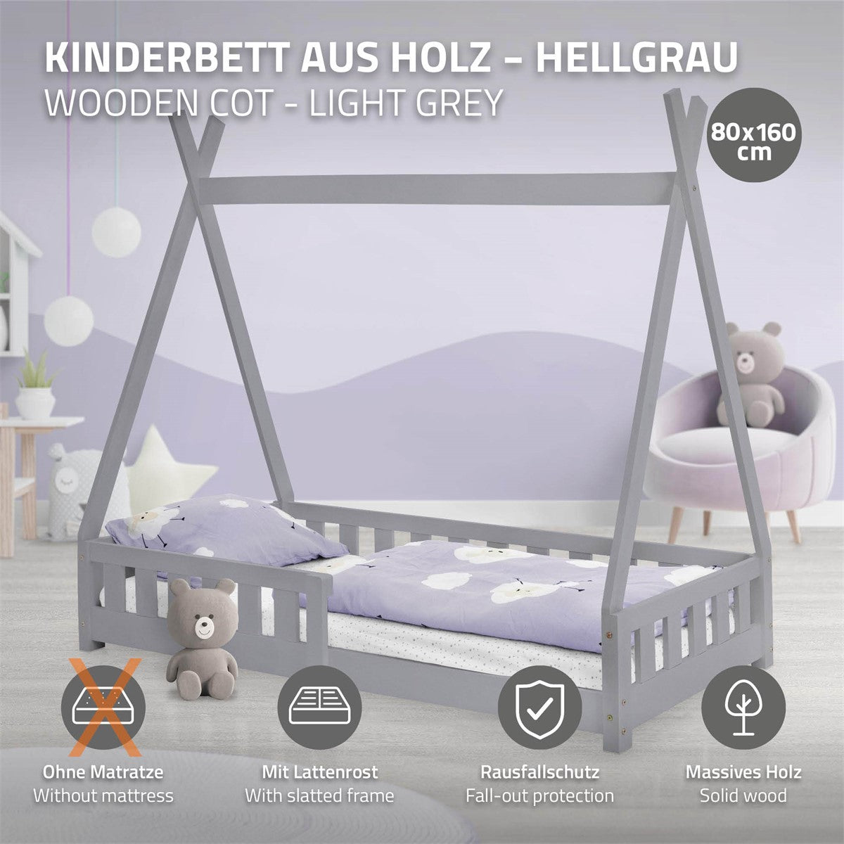 Cama infantil de madera gris claro sin colchón, con barrera de protección contra caídas.
