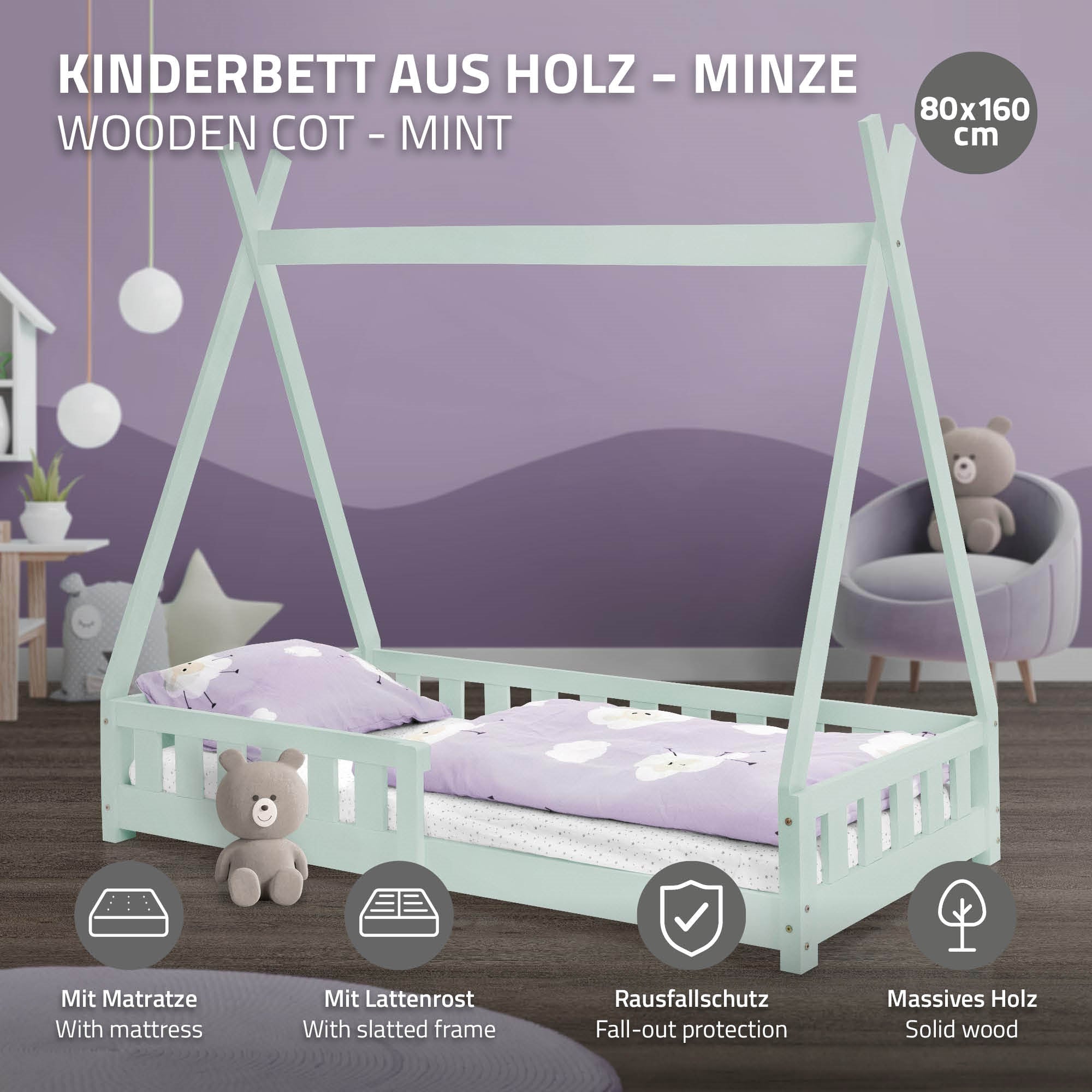 Mintfarbenes Kinderbett aus Holz mit Matratze und Rausfallschutz.