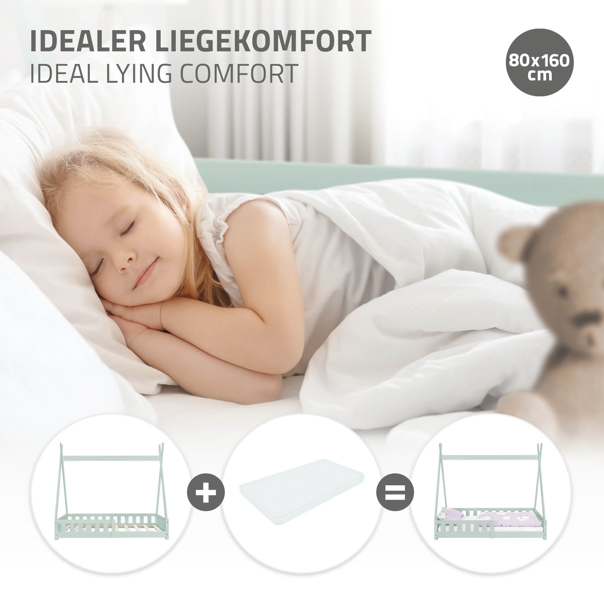 Kind schläft auf einer Matratze, umgeben von Kissen und einem Stofftier.