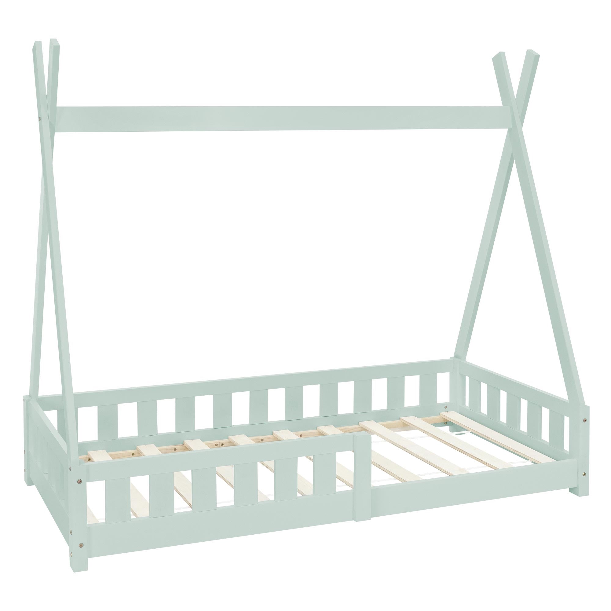 Mintgrünes Kinderbett aus Holz ohne Matratze.