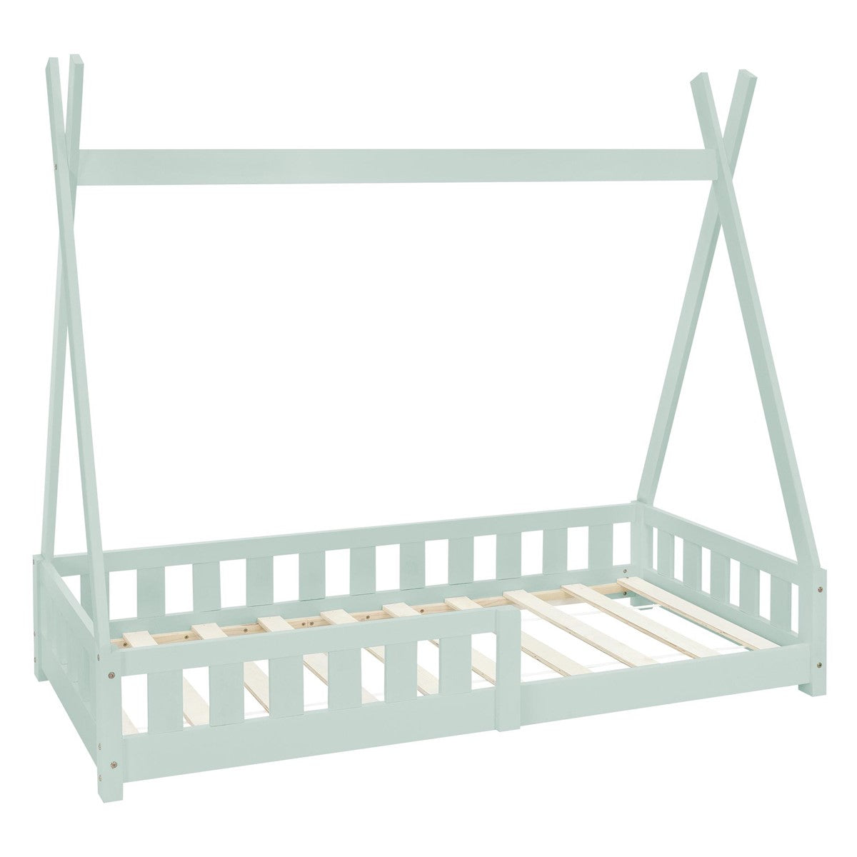 Mintgrünes Kinderbett aus Holz ohne Matratze.