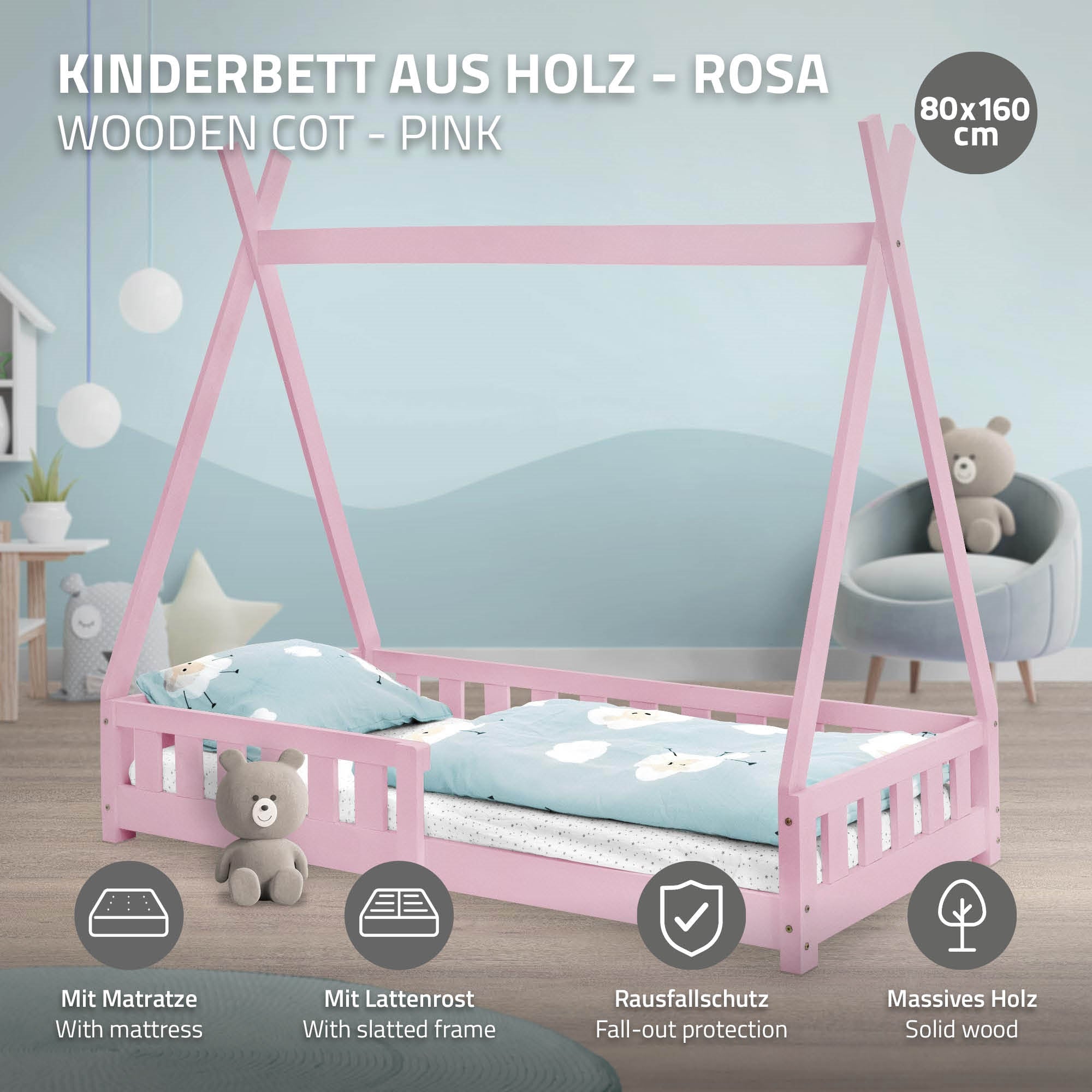 Rosa Kinderbett aus Holz mit Matratze und Rausfallschutz.