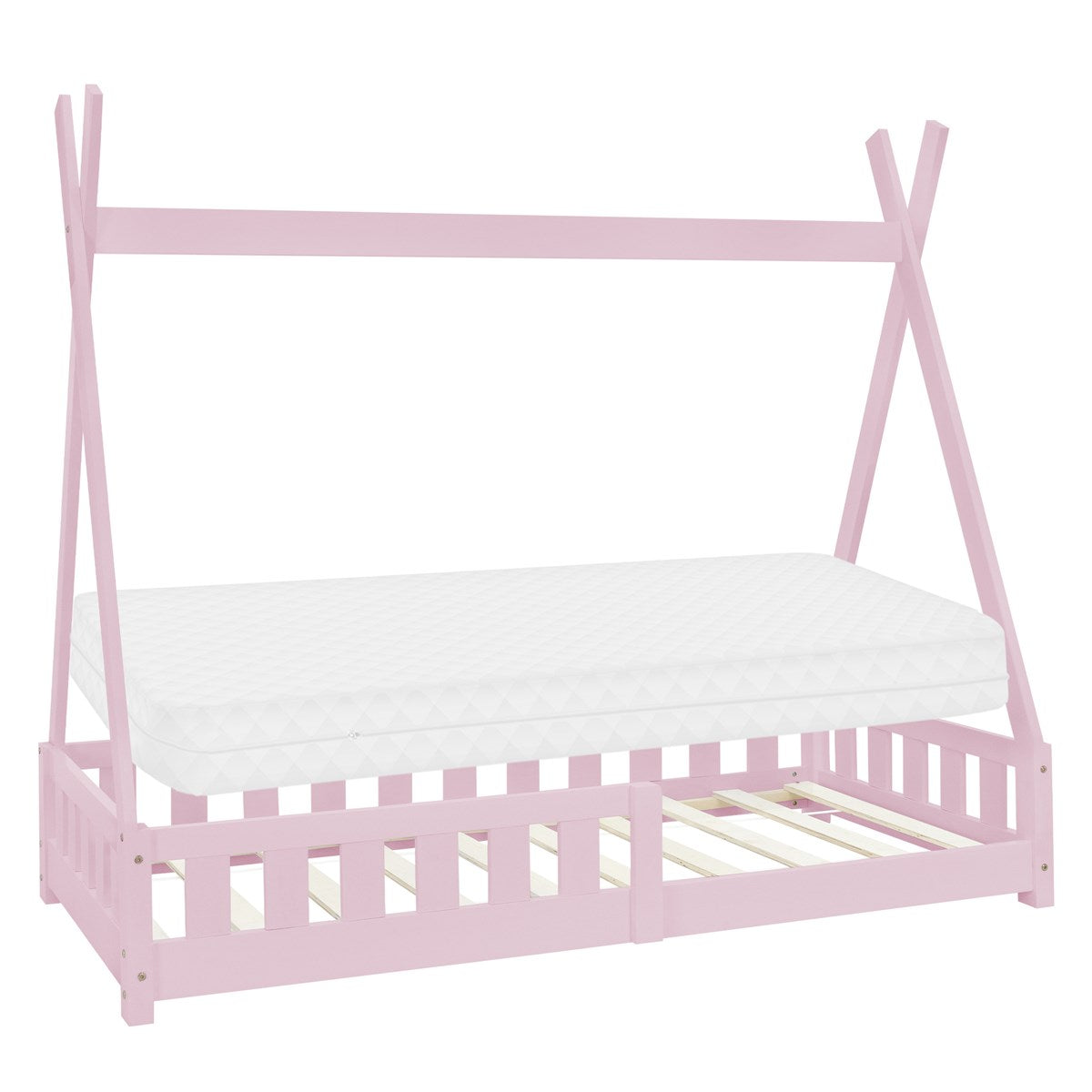 Rosa Kinderbett mit Zeltstruktur und Matratze, Holzrahmen.