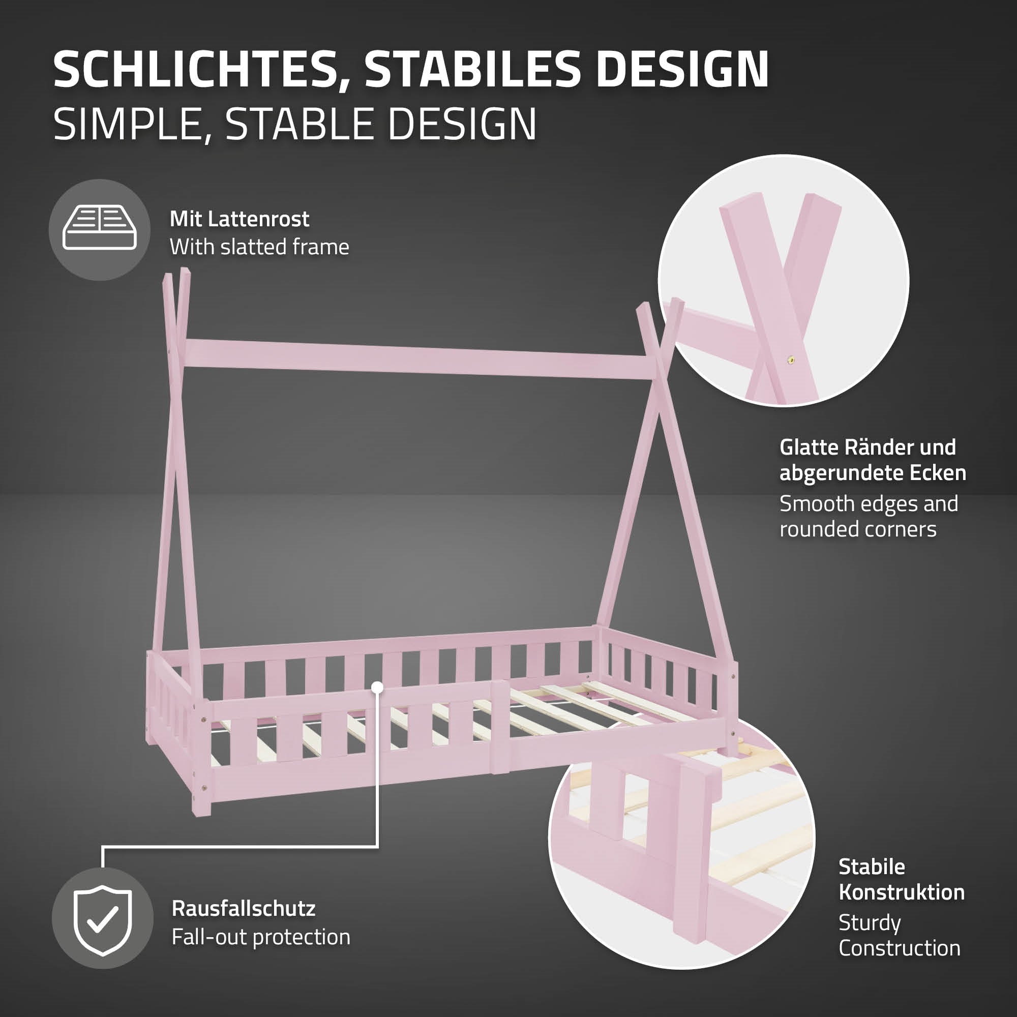 Bed in roze met lattenbodem, gladde randen en valbeveiliging.