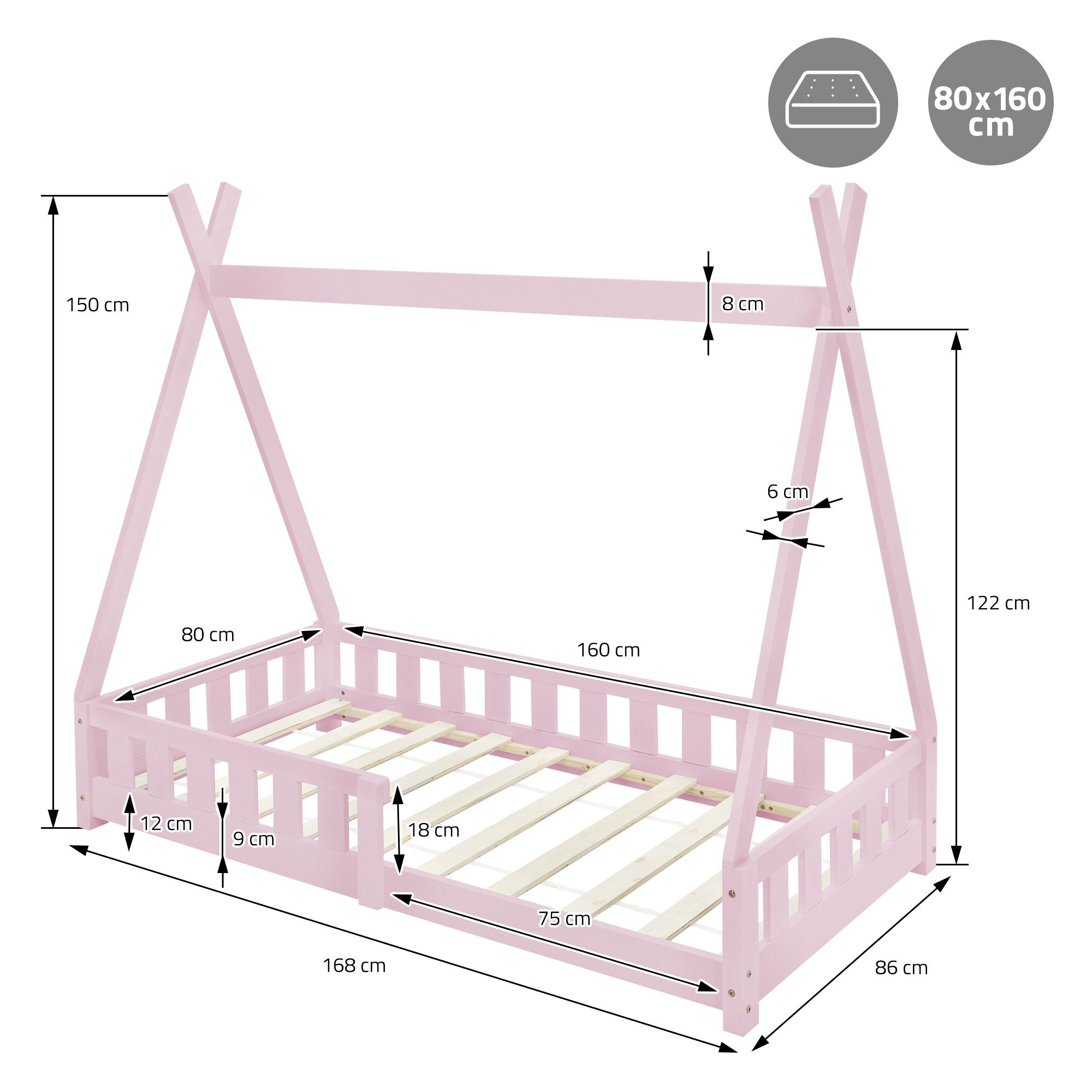 Bed met tentstructuur in roze, afmetingen en details zijn opgegeven.