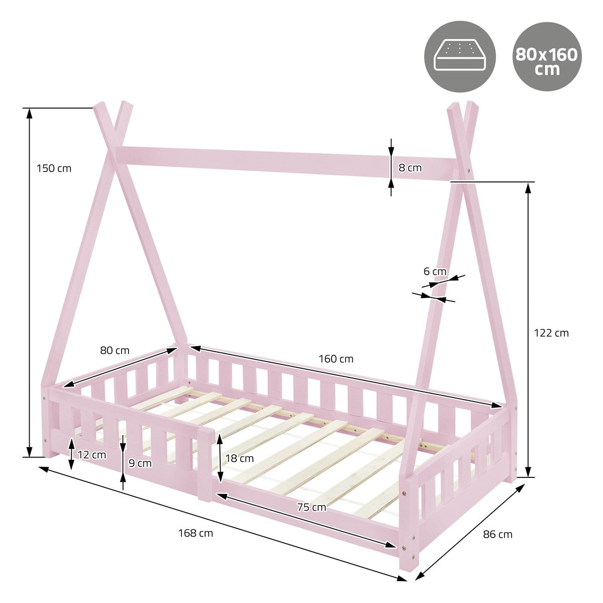 Bett mit Zeltstruktur in Rosa, Maße und Details sind angegeben.