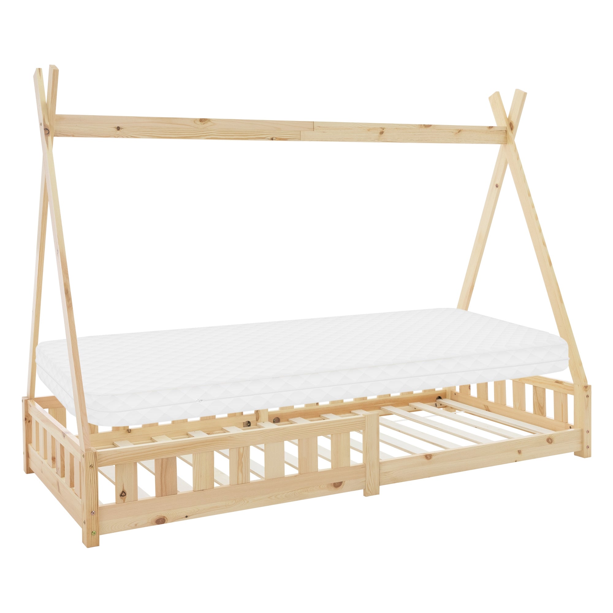 Holzbett mit Matratze, in einfacher, stabiler Bauweise.
