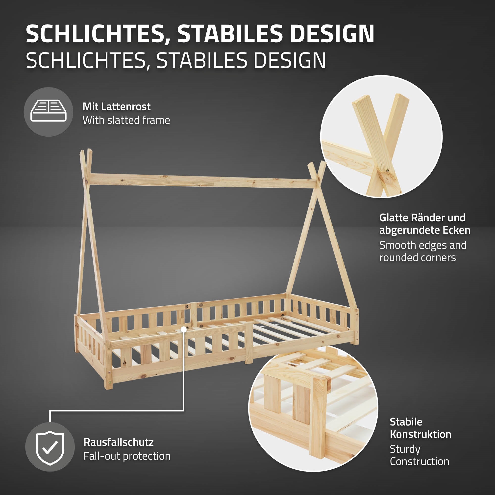 Bett mit glatten Rändern und abgerundeten Ecken, Rausfallschutz.