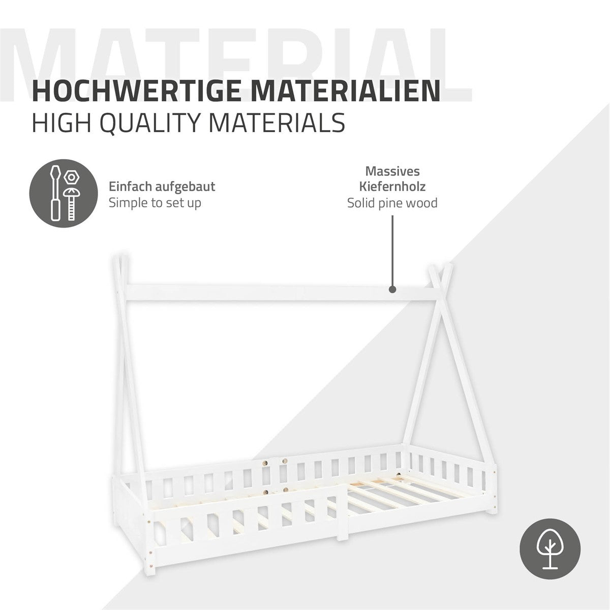 Bett aus massivem Kiefernholz mit slatted frame und stabiler Konstruktion.