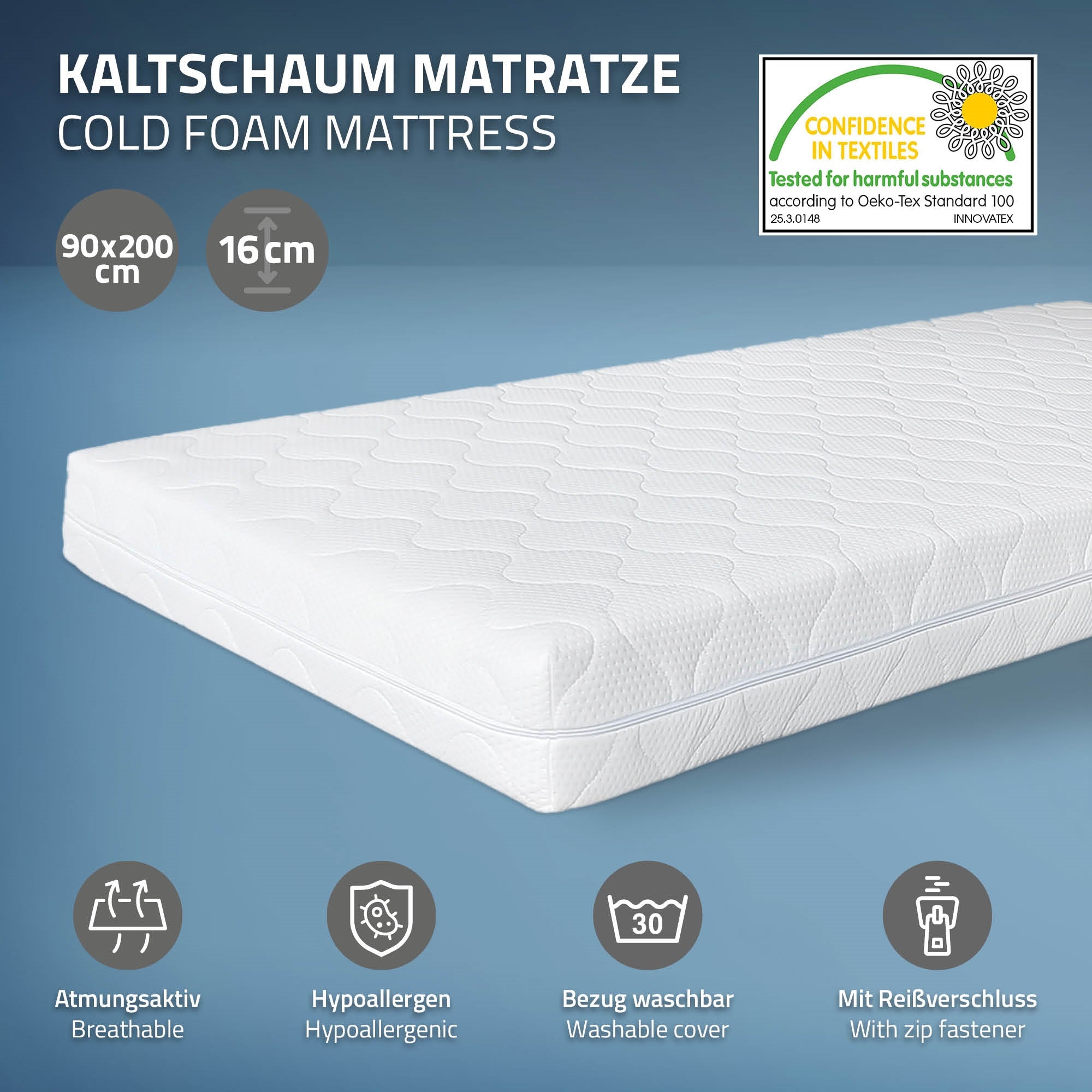 Kaltschaummatratze in Weiß, 90x200 cm, mit Reißverschluss.