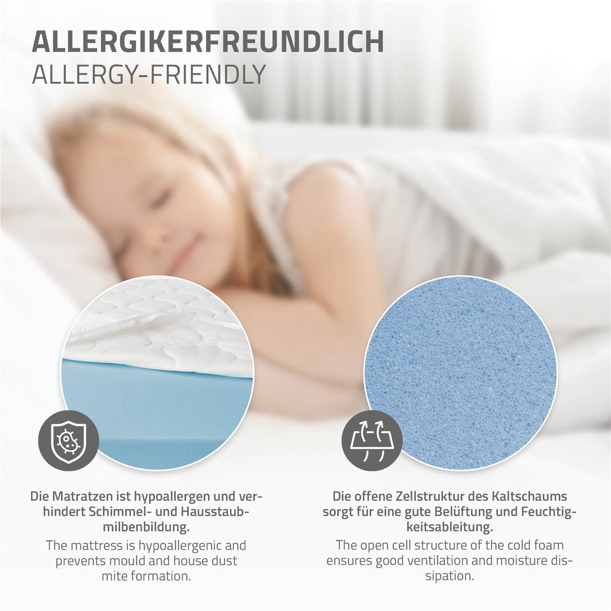 Primo piano del materasso e della struttura in schiuma per chi soffre di allergie.