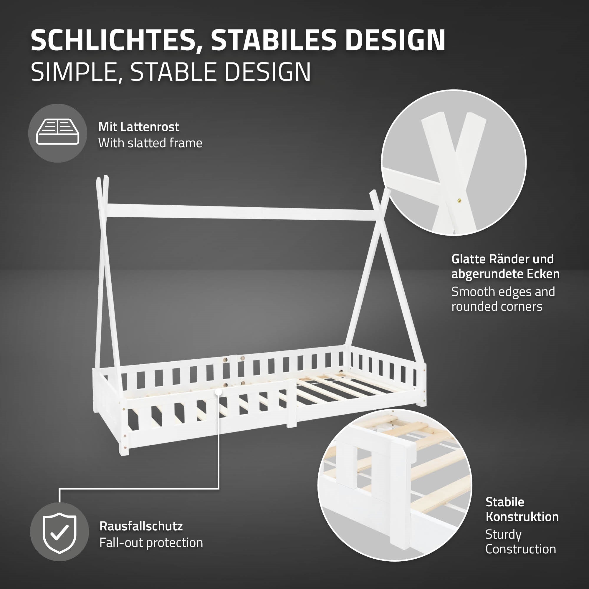 Weißes Bett mit stabiler Konstruktion und abgerundeten Ecken.