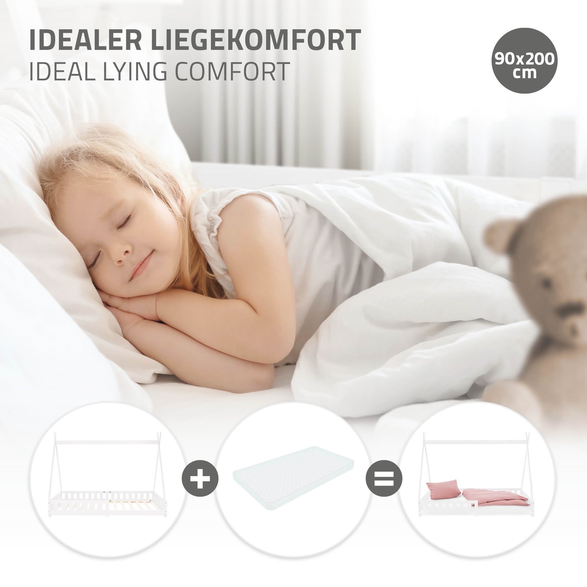 Schlafendes Kind auf einem Bett mit weißer Bettwäsche.