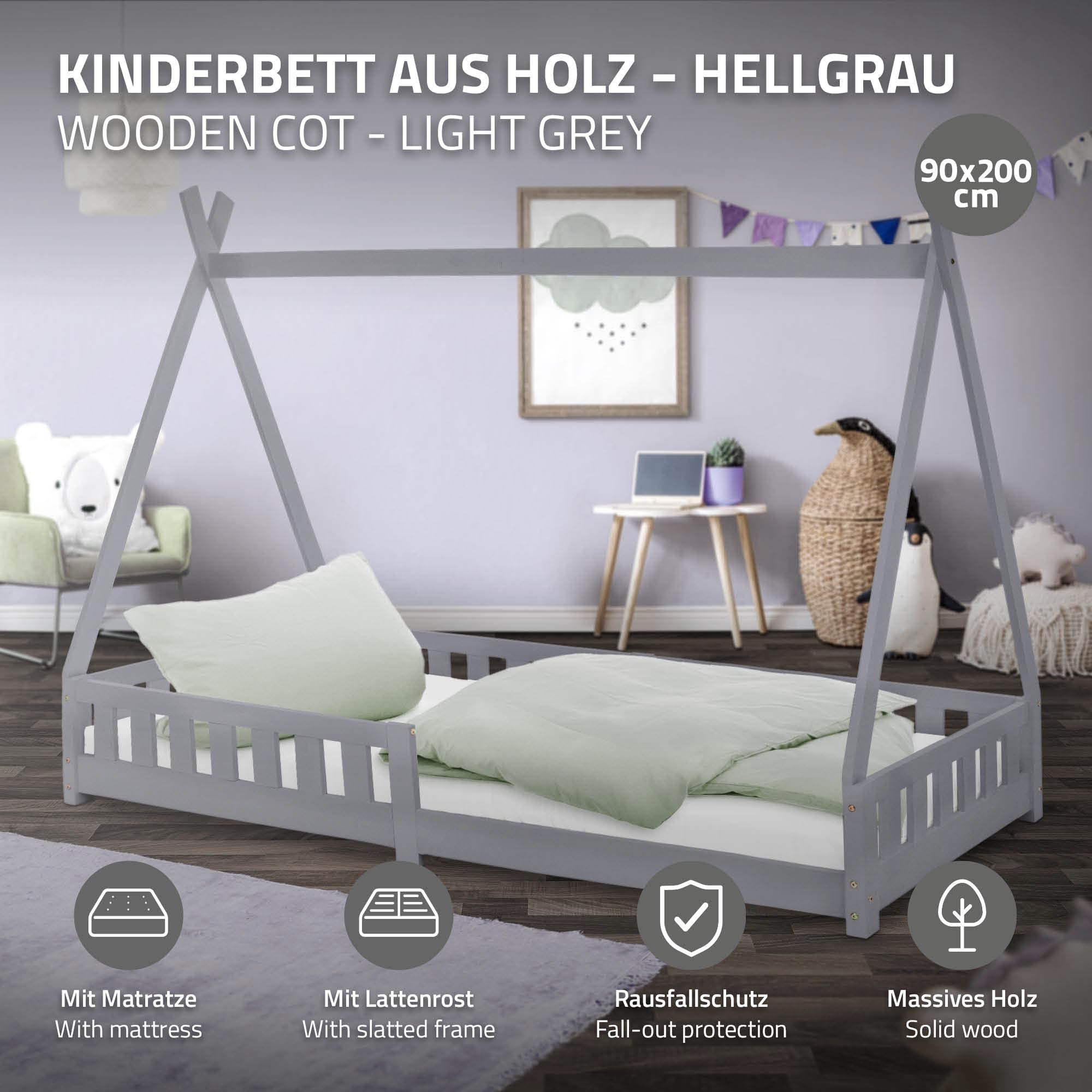 Holzbett in hellgrau mit Matratze und Rausfallschutz.