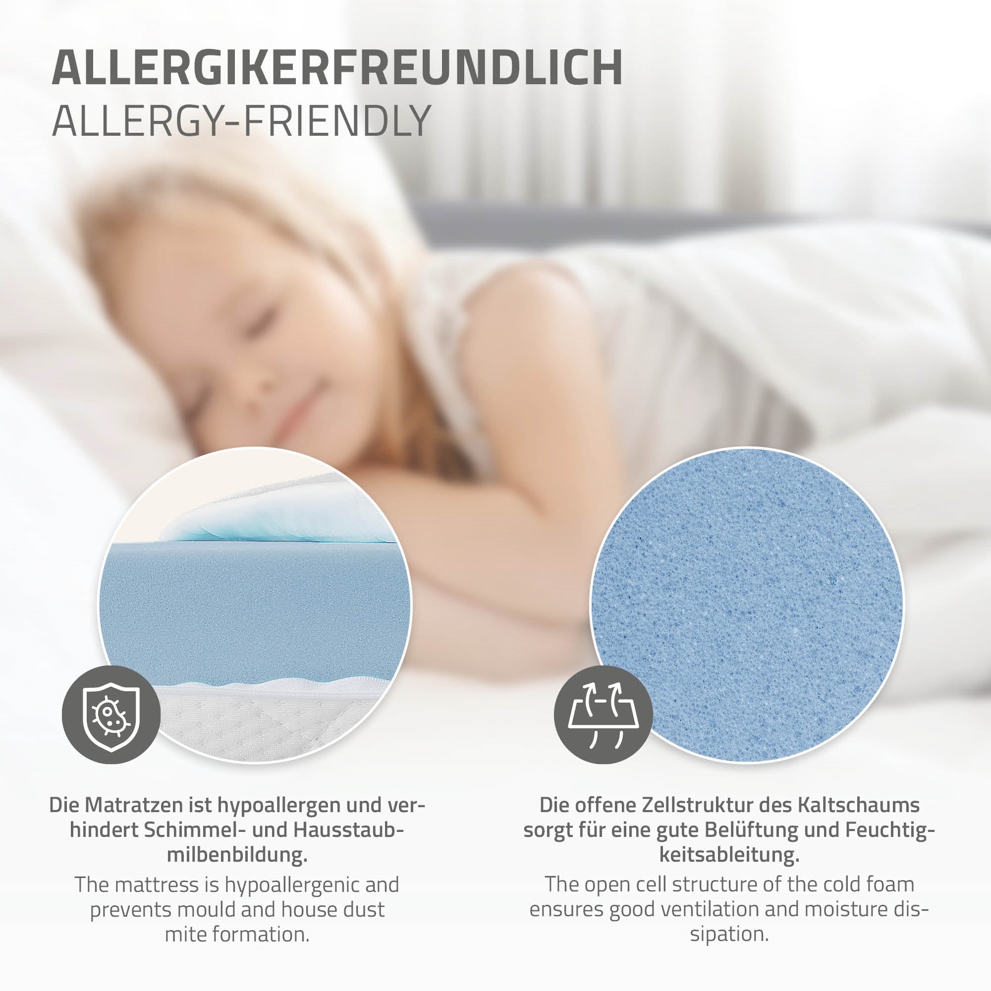 Nahaufnahme einer hypoallergenen Matratze mit blauer Schaumstoffschicht.