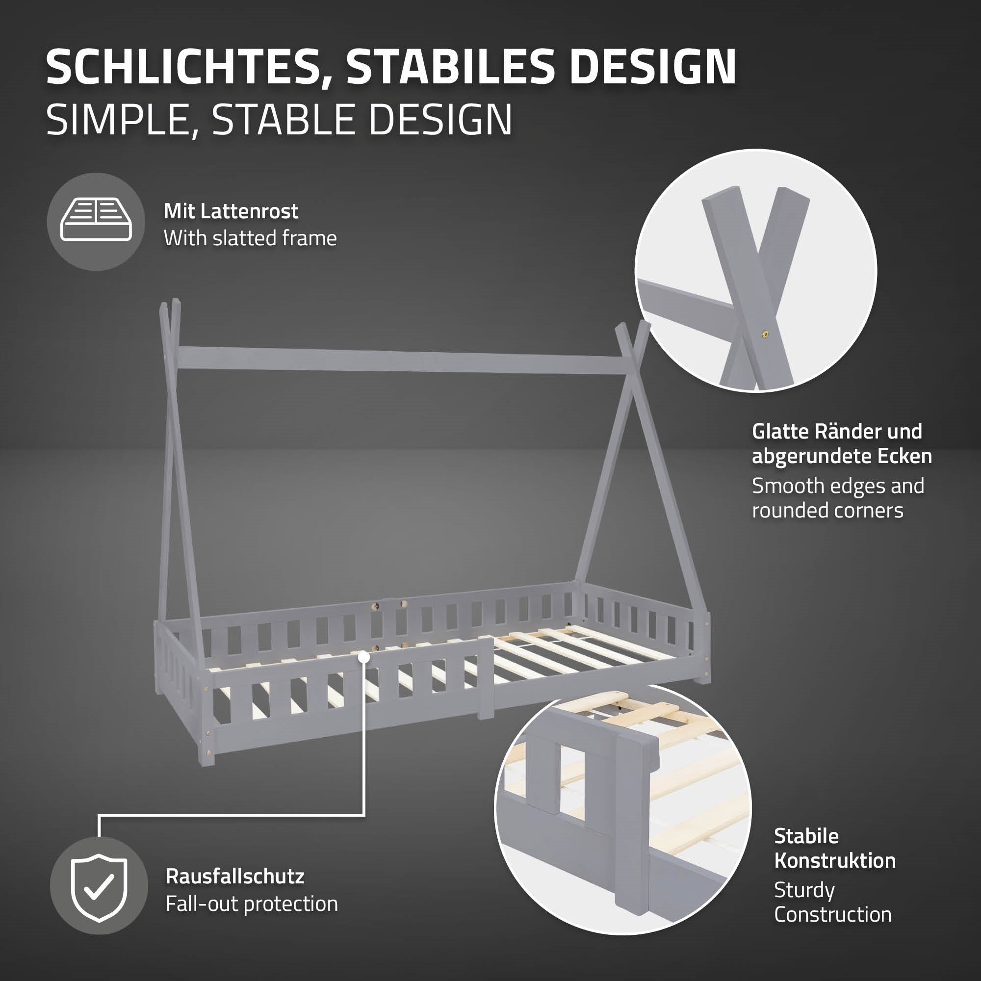 Bett mit stabiler Konstruktion und Rausfallschutz.