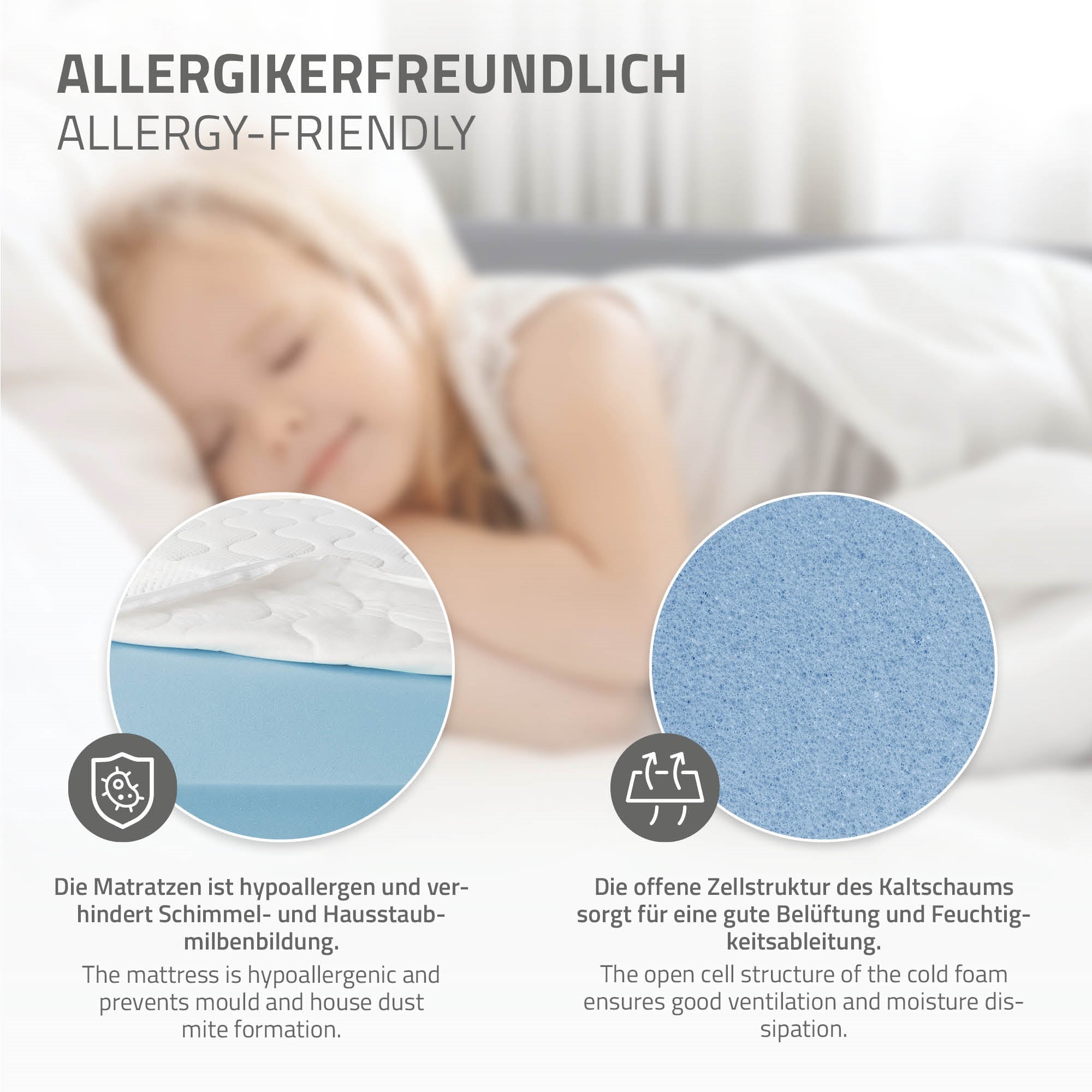 Nahaufnahme einer hypoallergenen Matratze mit blauer Schaumstoffschicht.