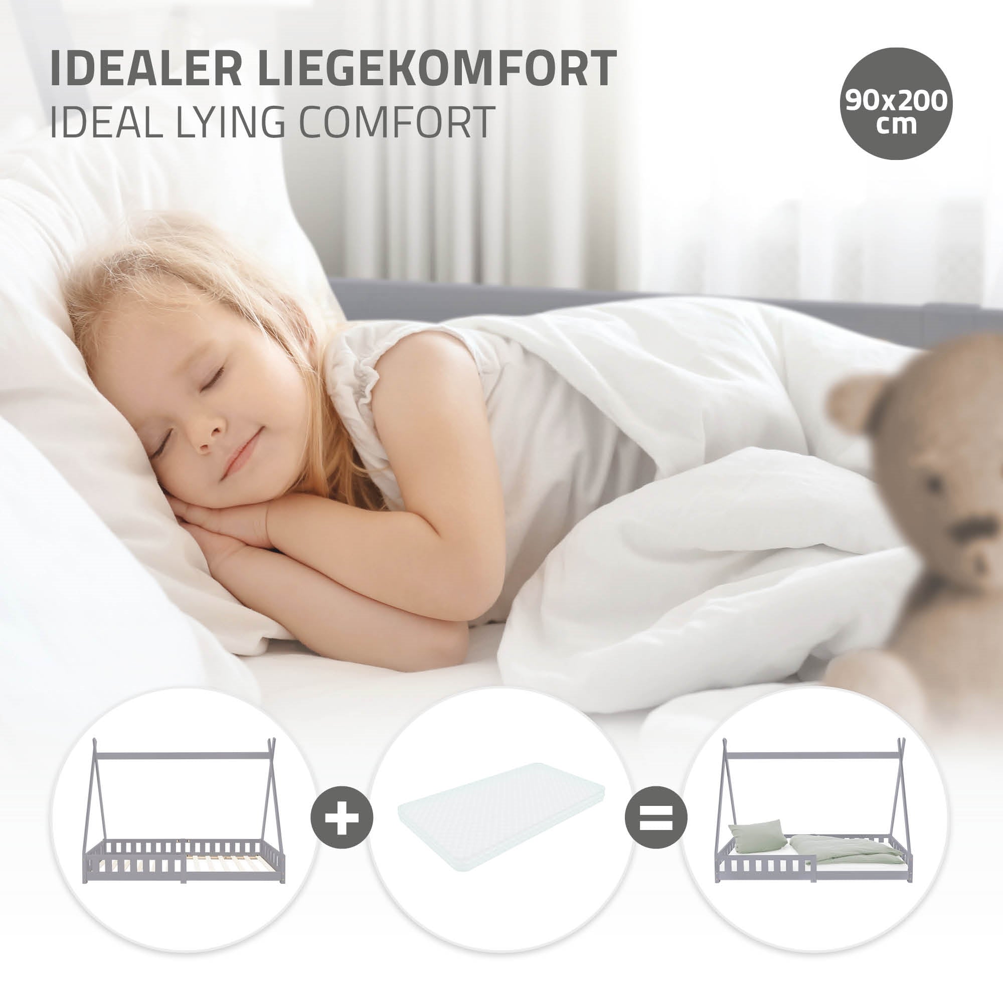 Ein schlafendes Kind auf einem Bett mit weißen Laken und Kissen.