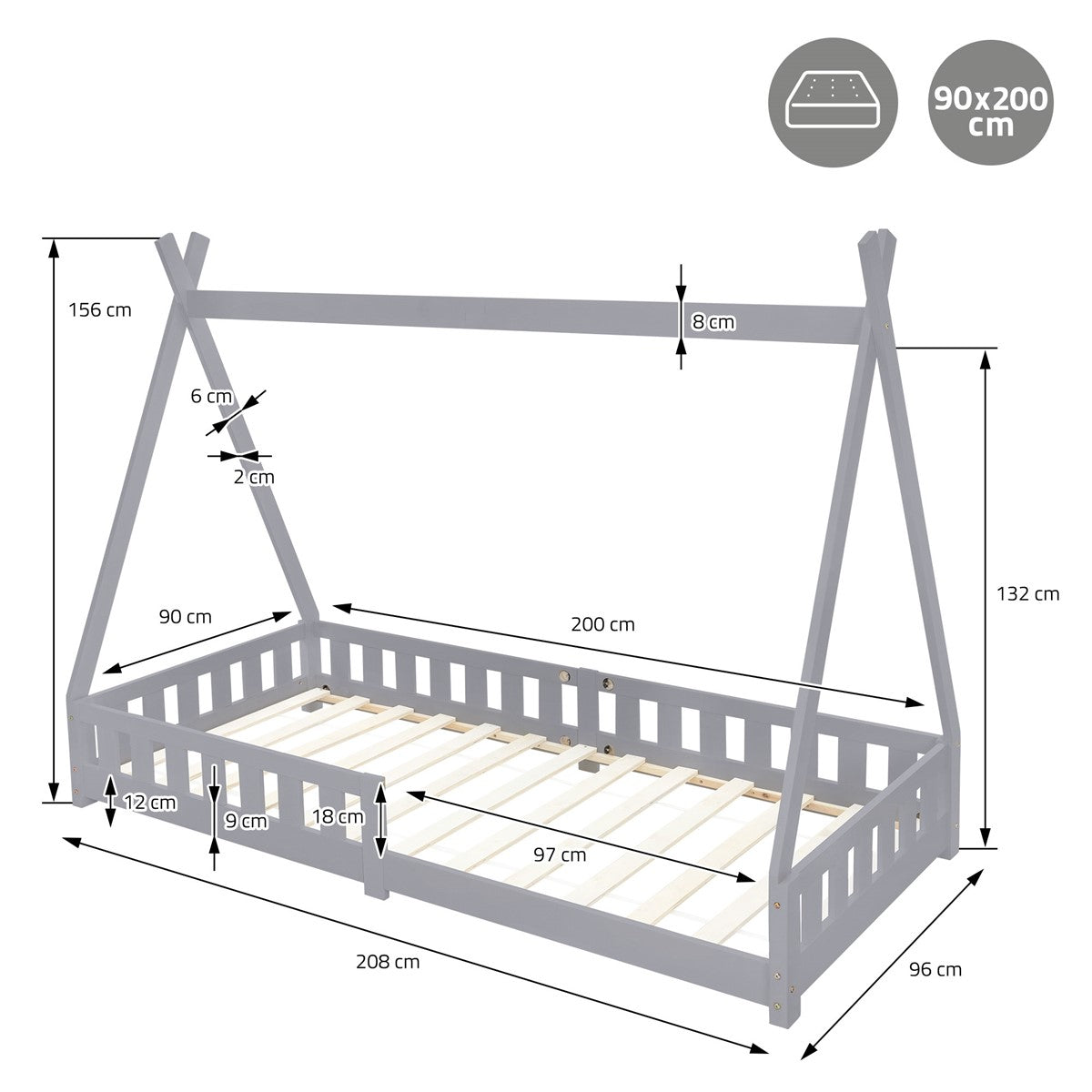Pat cu dimensiunile de 90 × 200 cm și măsurători detaliate.