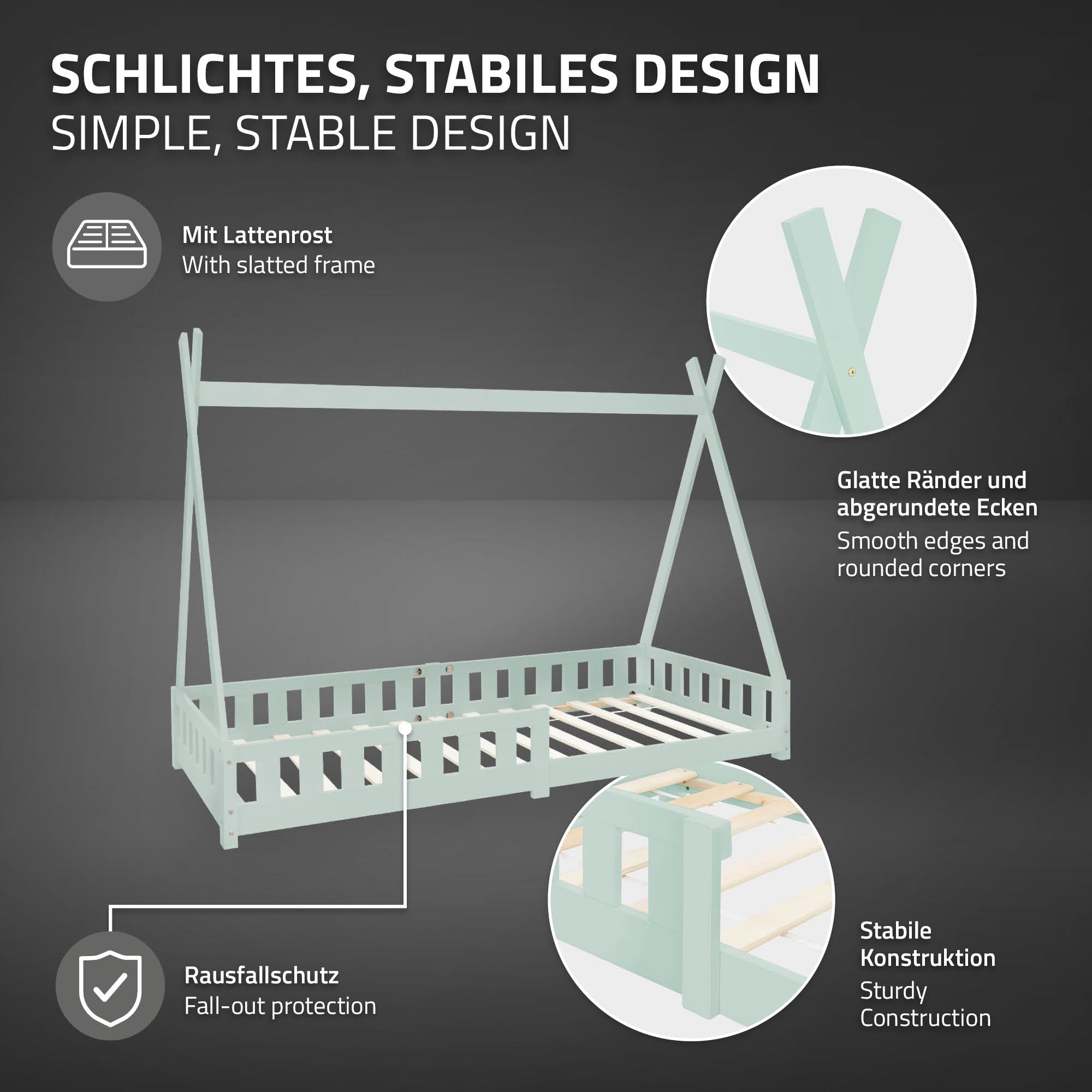 Bett mit stabiler Konstruktion, glatten Kanten und Rausfallschutz.