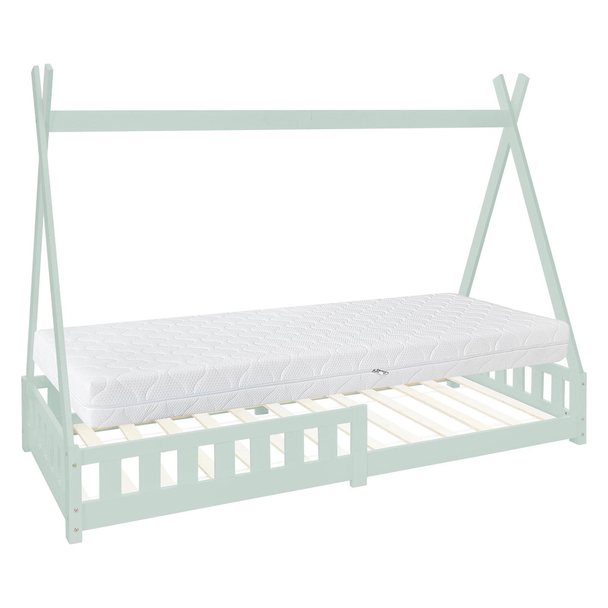 Mintgrünes Holzrahmenbett mit Matratze und Lattenrost.